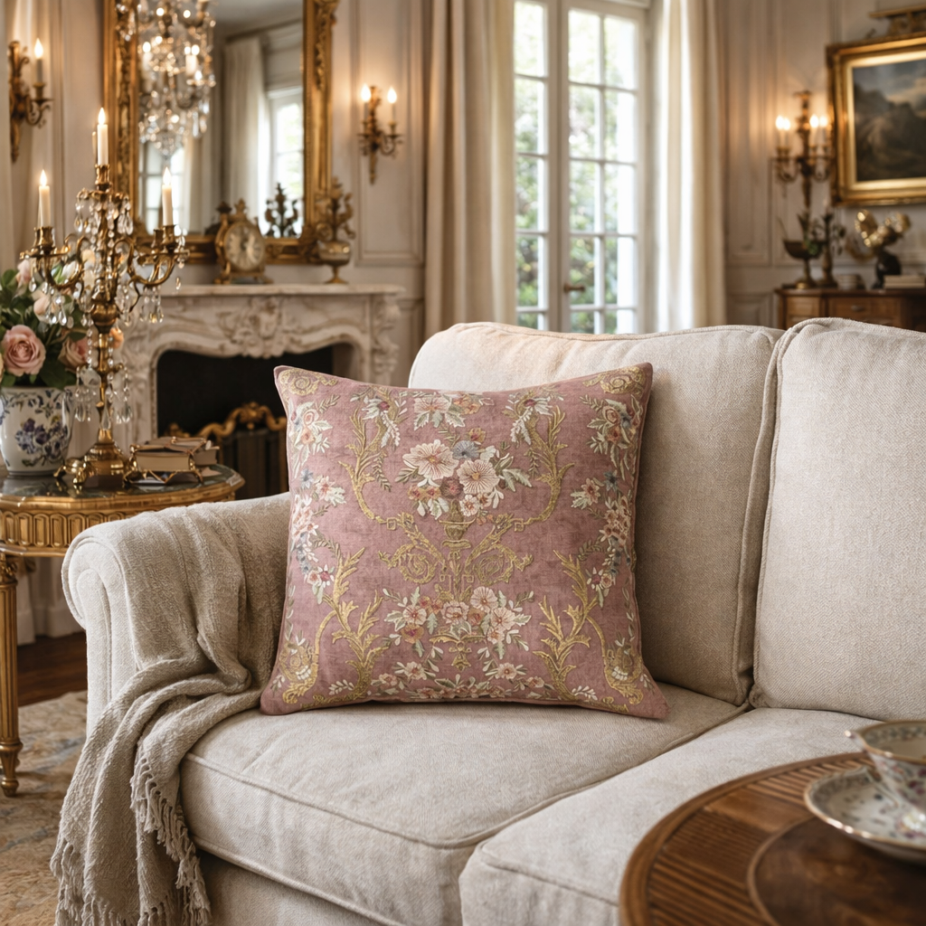 Decorative pale pink pillow on a beige sofa in an elegant living room with candles and artwork.