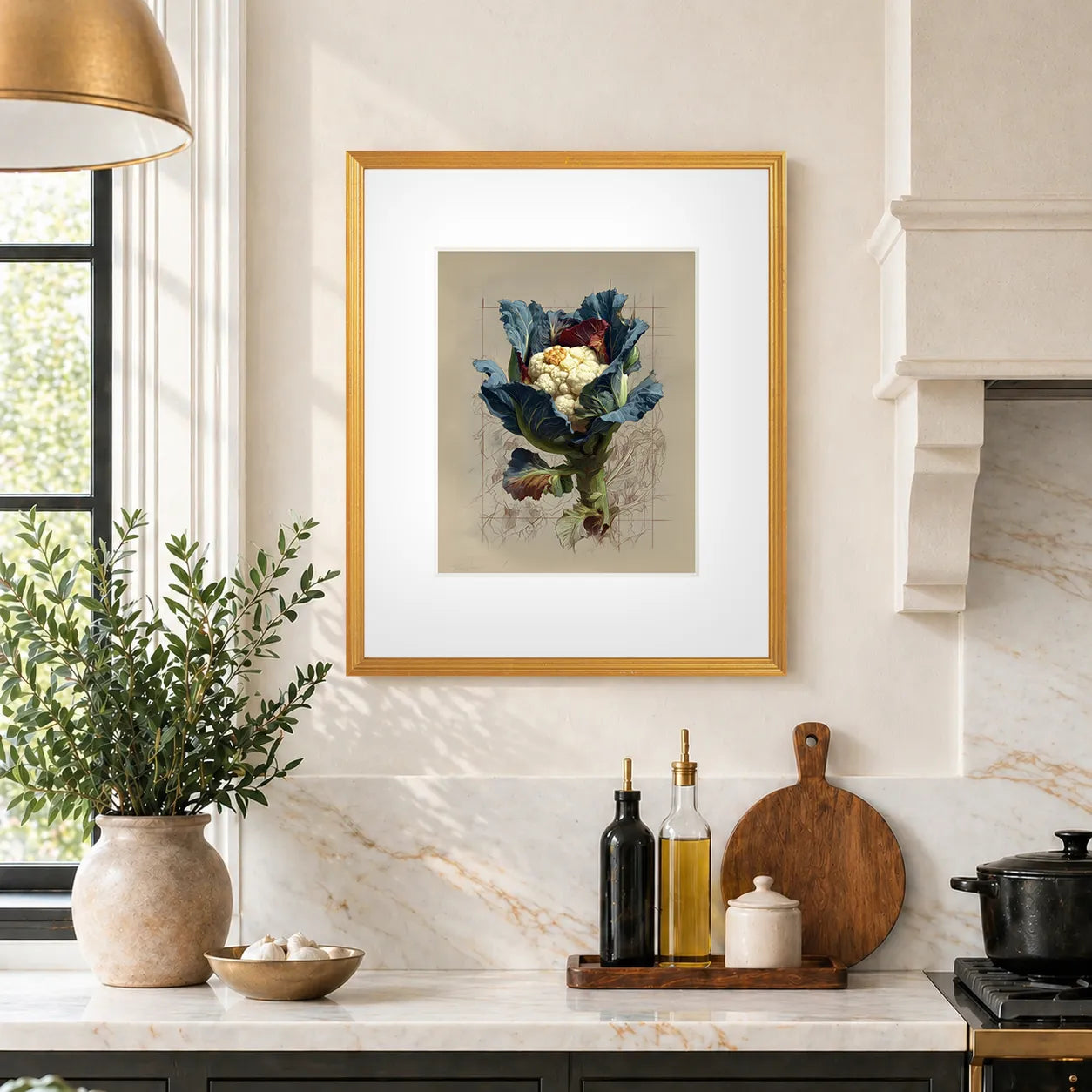 Large framed cauliflower still life artwork in antique gold frame displayed above kitchen counter in elegant neutral interior.