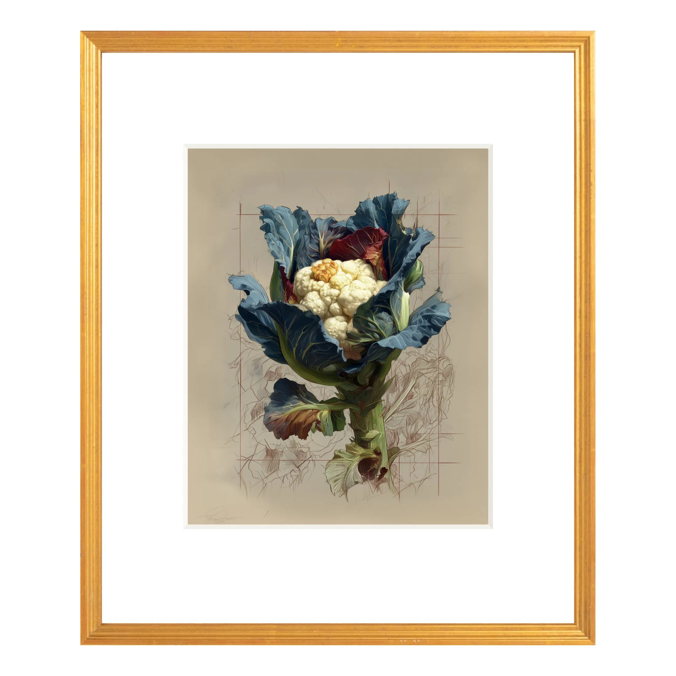Framed cauliflower still life print wall art in antique gold frame, botanical kitchen decor with wide white mat 20 x 24