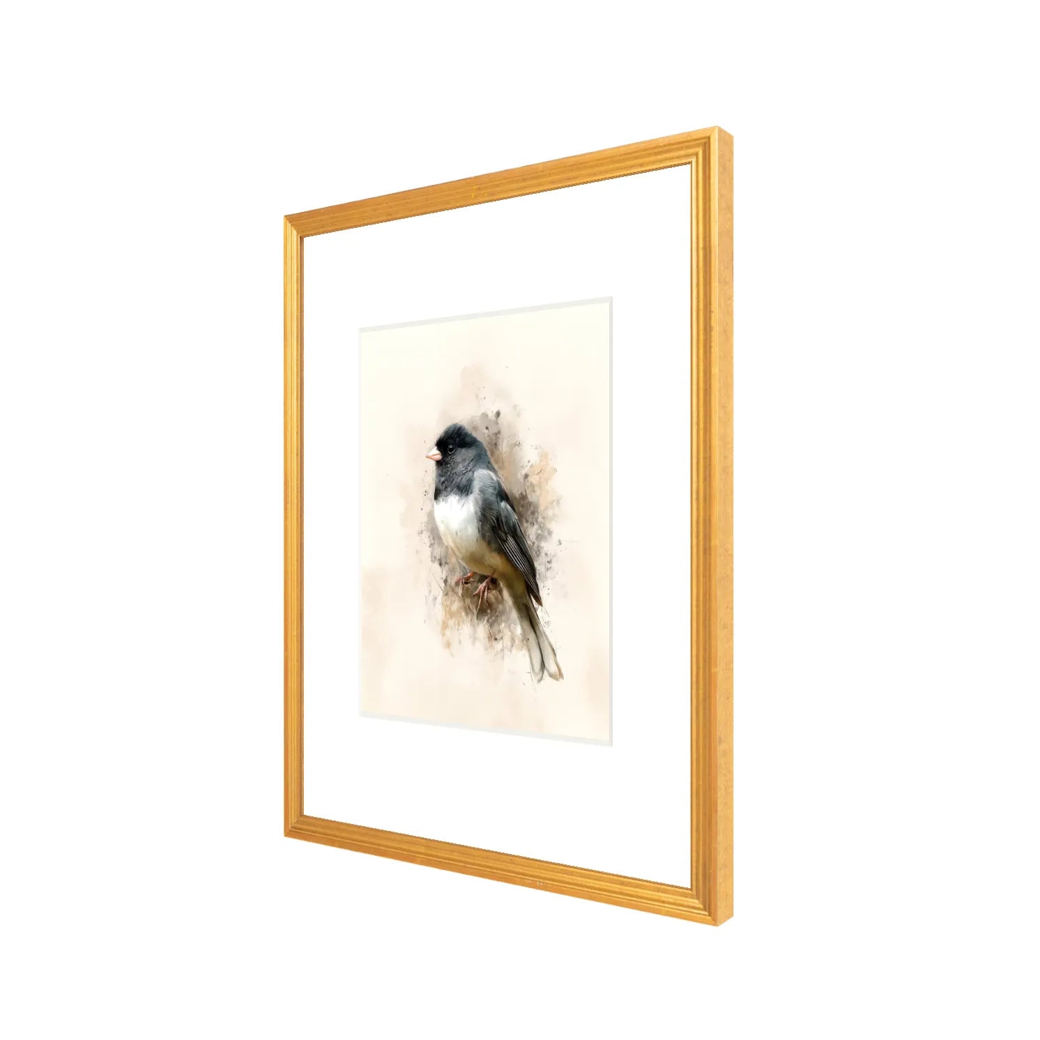 Dark-eyed junco (Junco hyemalis) framed artwork in antique gold frame 16 x 20, side angle showing depth and gallery matting