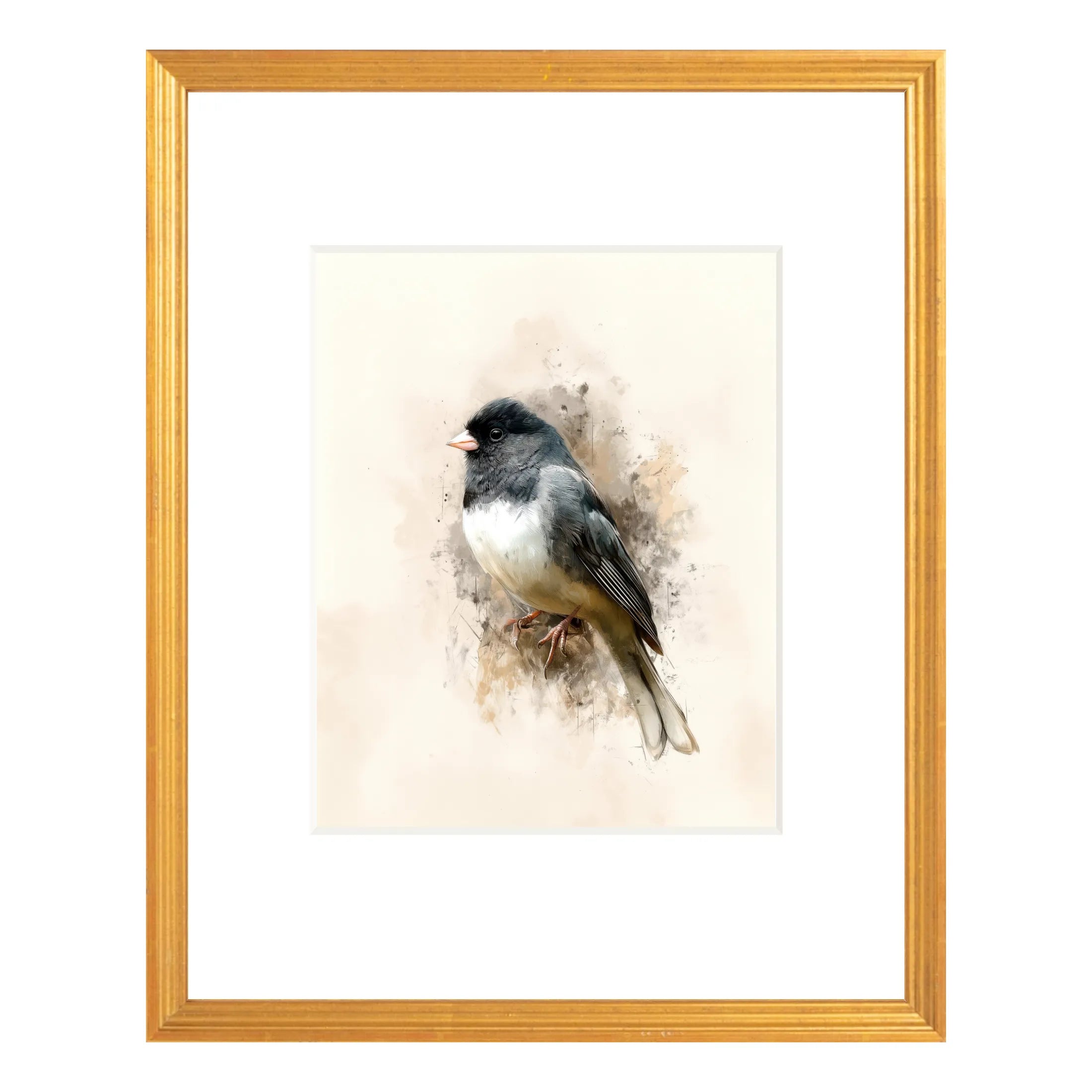 Framed dark-eyed junco bird print (Junco hyemalis), 16 × 20 antique gold frame with white mat, neutral wildlife wall art