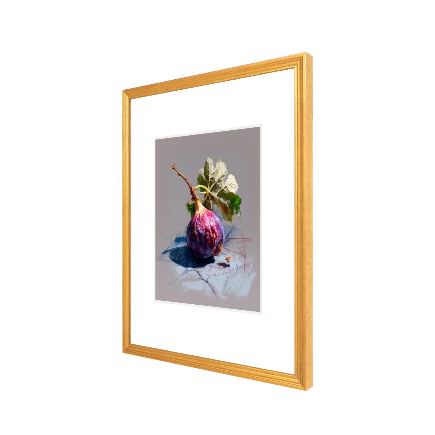 Angled view of framed fig still life art print in antique gold frame with wide white mat, 16 × 20 proportions