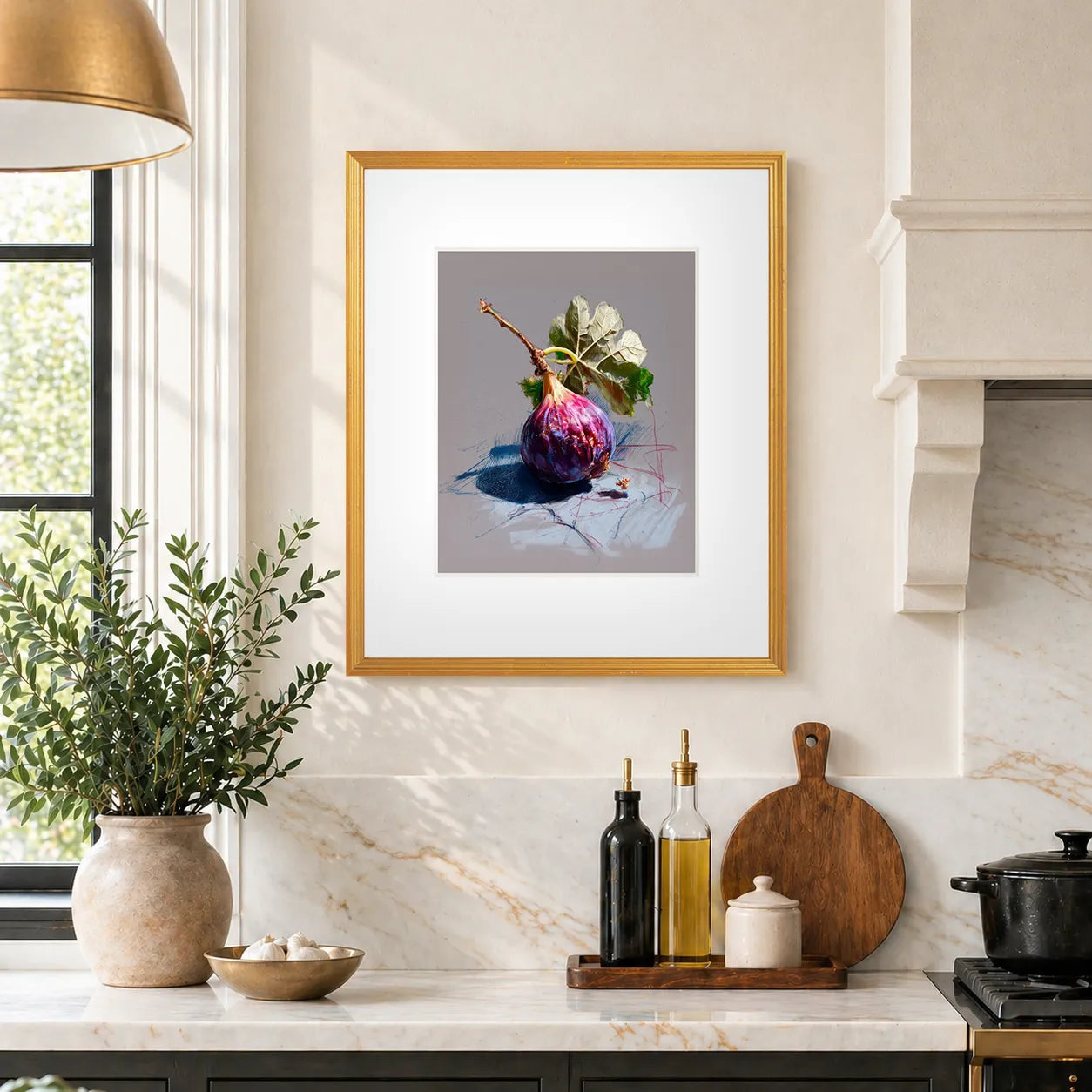 Framed fig still life art print in antique gold frame, 20 × 24 with white mat, featuring a whole fig on a soft neutral background on a kitchen wall with a vase, bowls, and bottles on the counter.