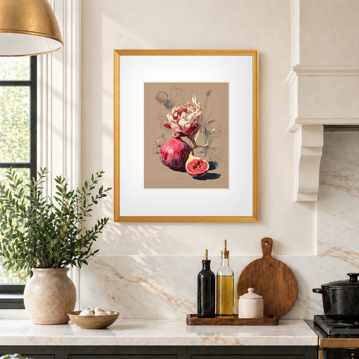 Framed fig still life art print featuring whole and cut fig, antique gold frame with white mat, 20 × 24 in a decorative kitchen scene with plants, and kitchen items on a countertop.