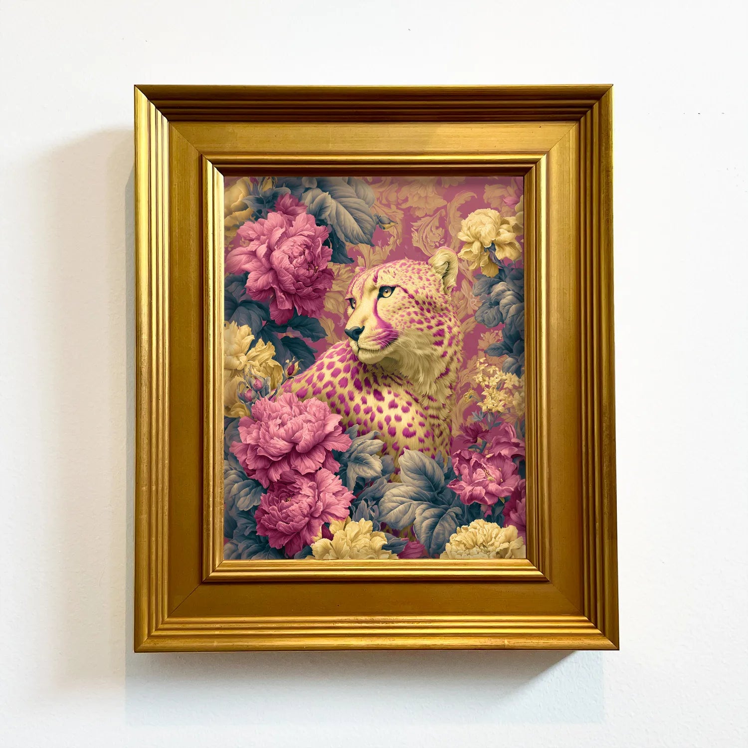 Cheetah in Jewel Peonies | Framed Wall Art
