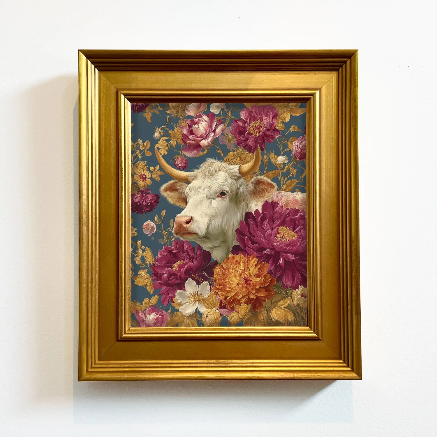 Cow in Jewel Peonies | Framed Farmhouse Wall Art