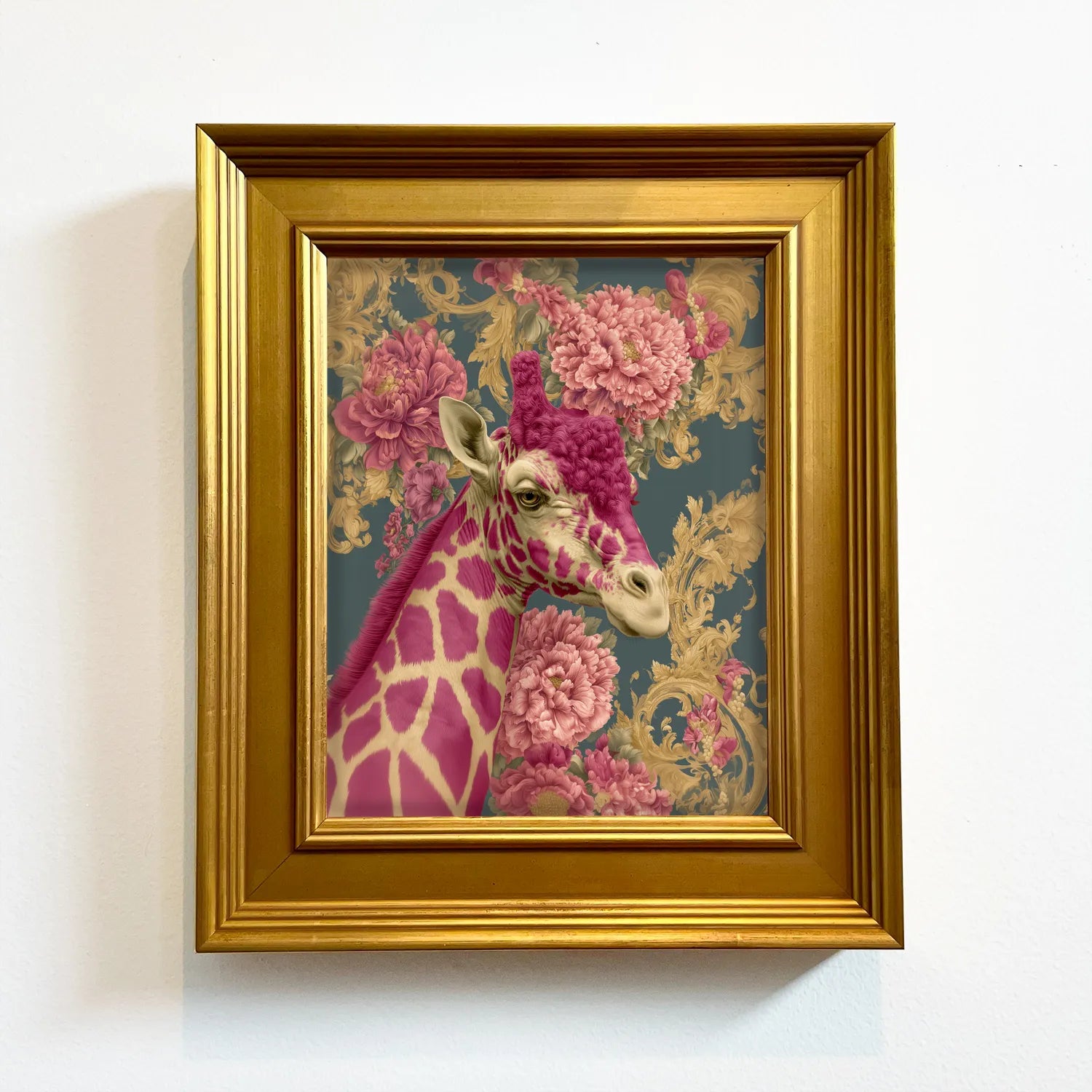 Giraffe in Pink Peonies | Framed Animal Wall Art