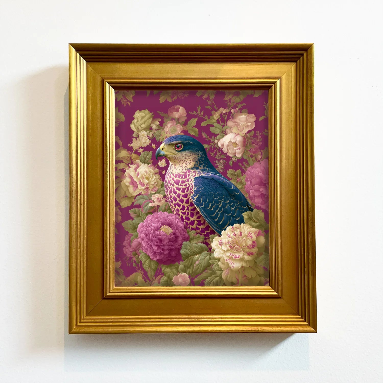 Goshawk in Plum Peonies | Framed Bird Wall Art
