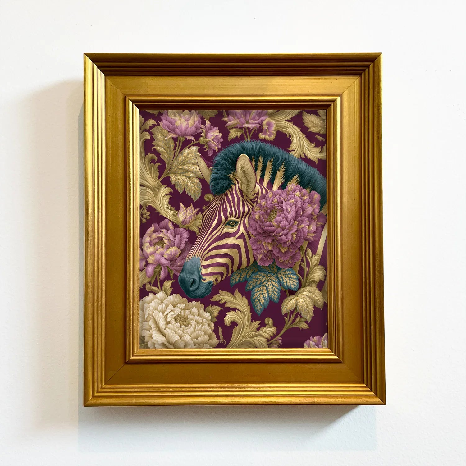 Zebra in Plum Peonies | Framed Zebra Wall Art