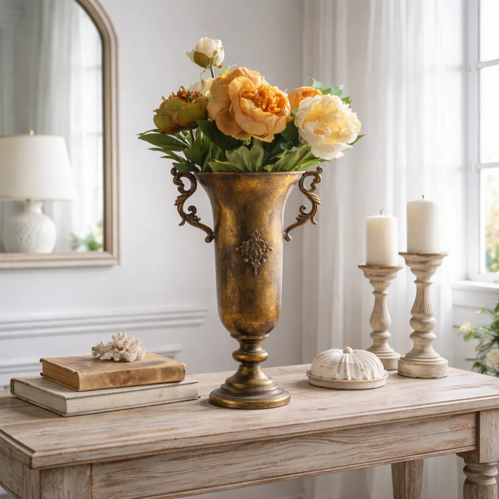 French country antique gold urn vase with handles and flowers on a wooden table in a room setting