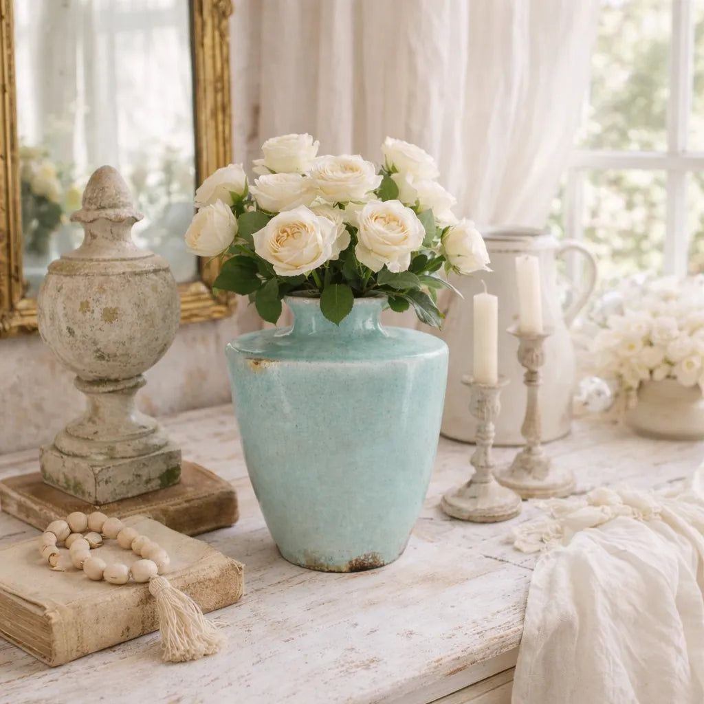 Decorative setting with a turquoise aqua vase holding white flowers on a table.