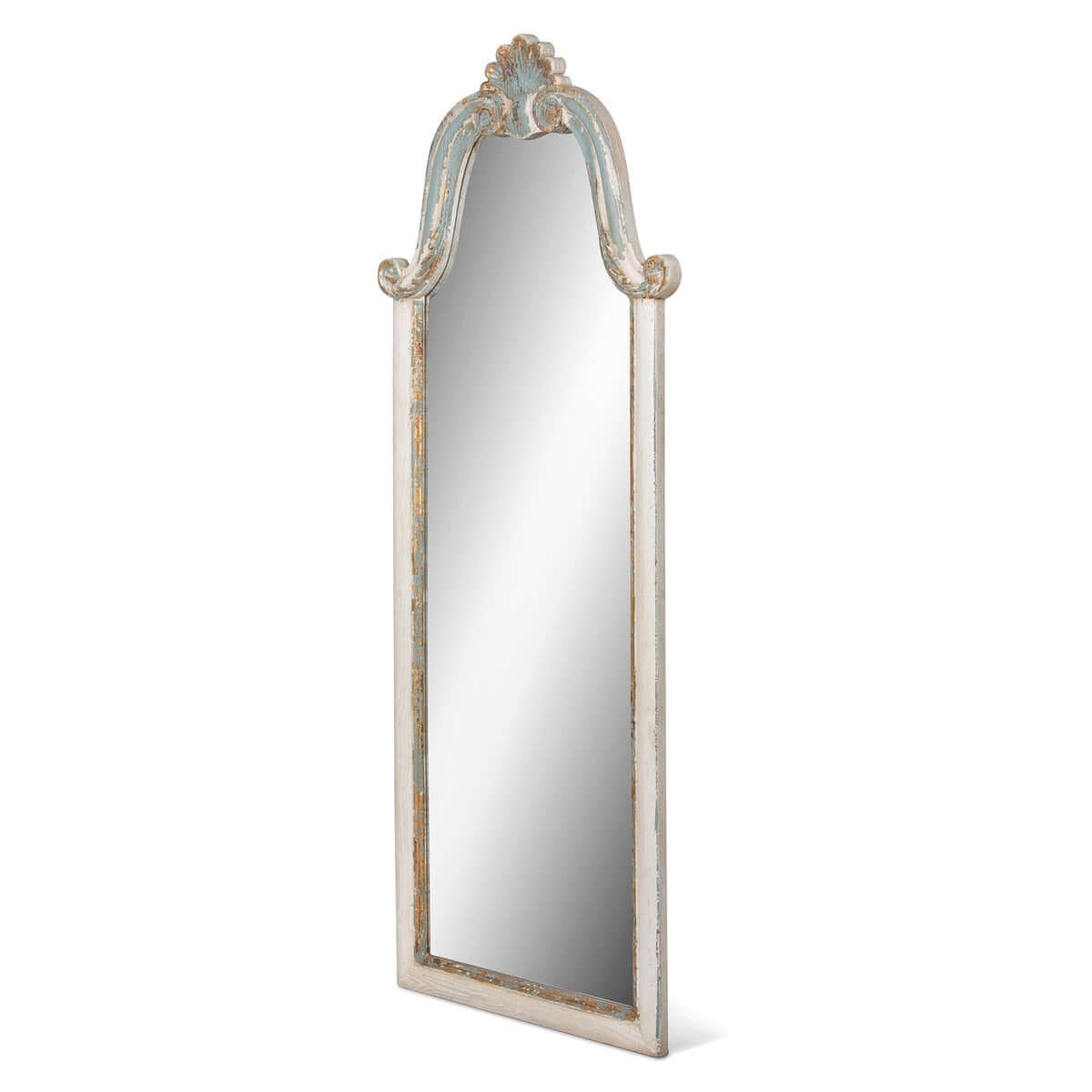 Decorative wall mirror with a white and gold frame on a white background