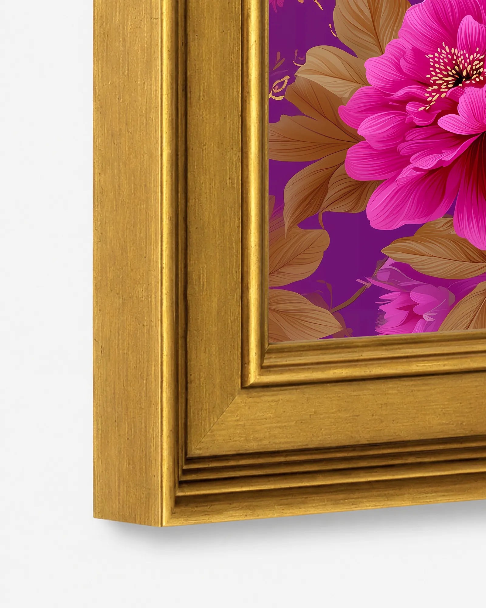 Close-up detail of the burnished antique gold wood frame used for Fuchsia Wisteria Reverie framed wall art, showing the profile, finish, and craftsmanship.