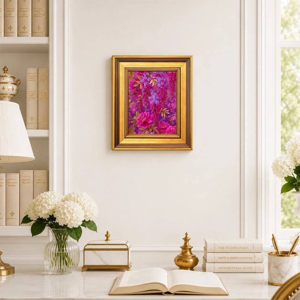 Small Fuchsia Wisteria Reverie framed wall art displayed in an elegant traditional study with antique books, peonies, brass accents, and a burnished antique gold frame.
