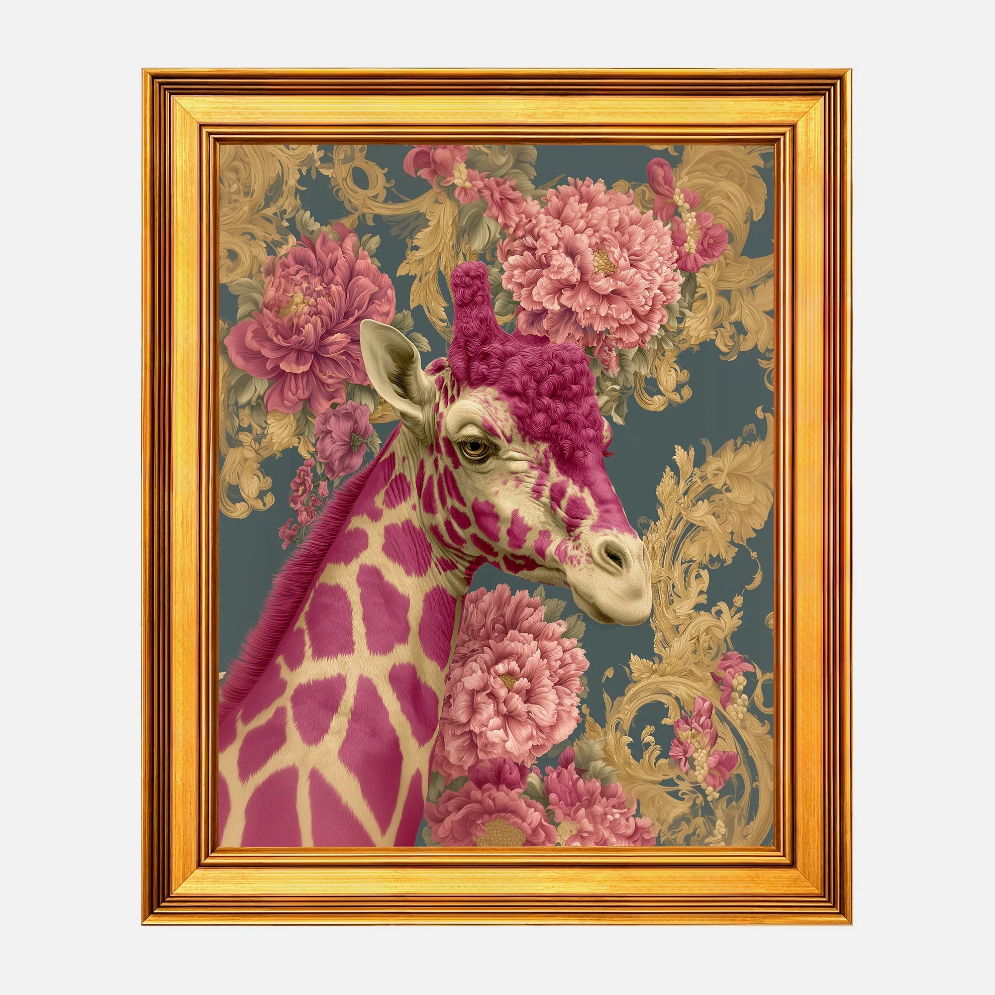 Giraffe in Pink Peonies framed wall art in a burnished antique gold frame, 16 x 20 inch print size with 19.5 x 23.5 inch framed dimensions.