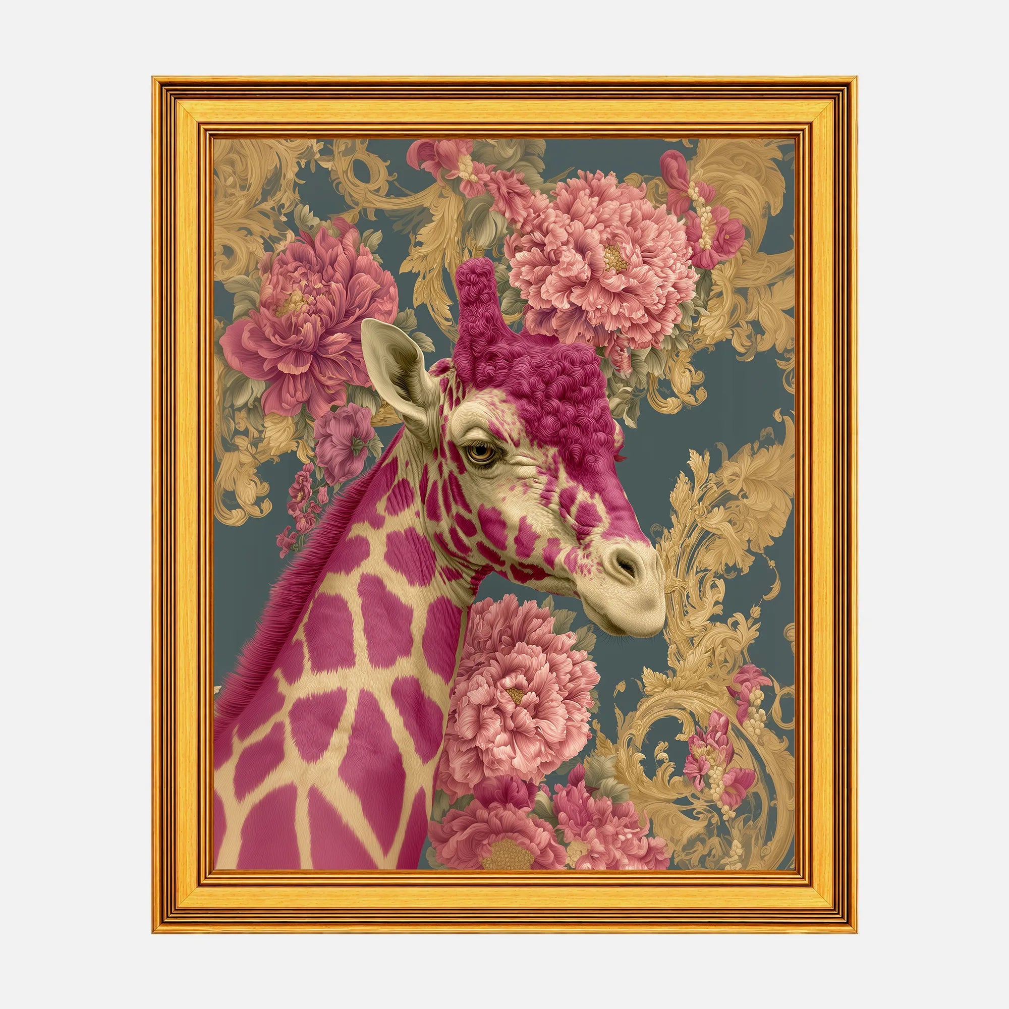 Giraffe in Pink Peonies framed fine art print in a burnished antique gold frame, 20 x 25 inch print size with 23.5 x 28.5 inch framed dimensions.