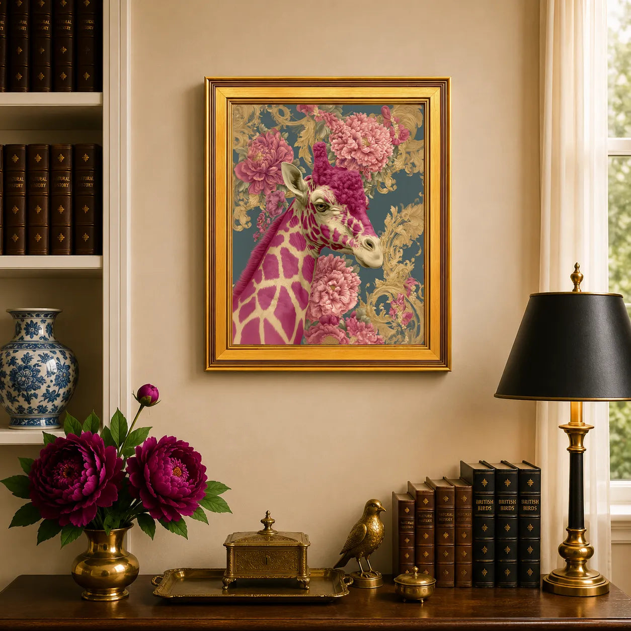 Giraffe in Pink Peonies framed wall art displayed above a traditional desk with peonies, books, brass decor, and a burnished antique gold frame.