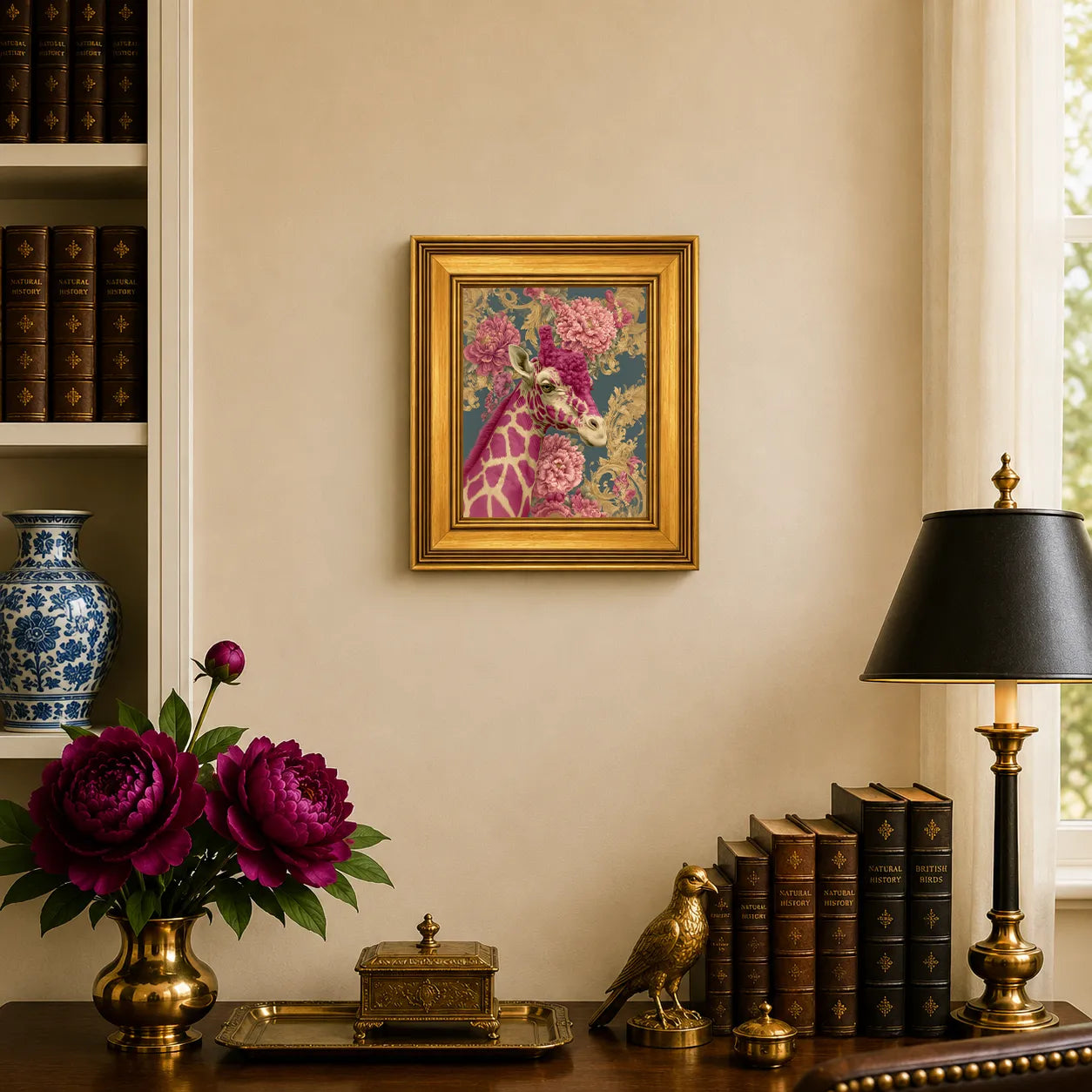 Small Giraffe in Pink Peonies framed wall art displayed in an elegant traditional study with antique books, peonies, brass accents, and a burnished antique gold frame.