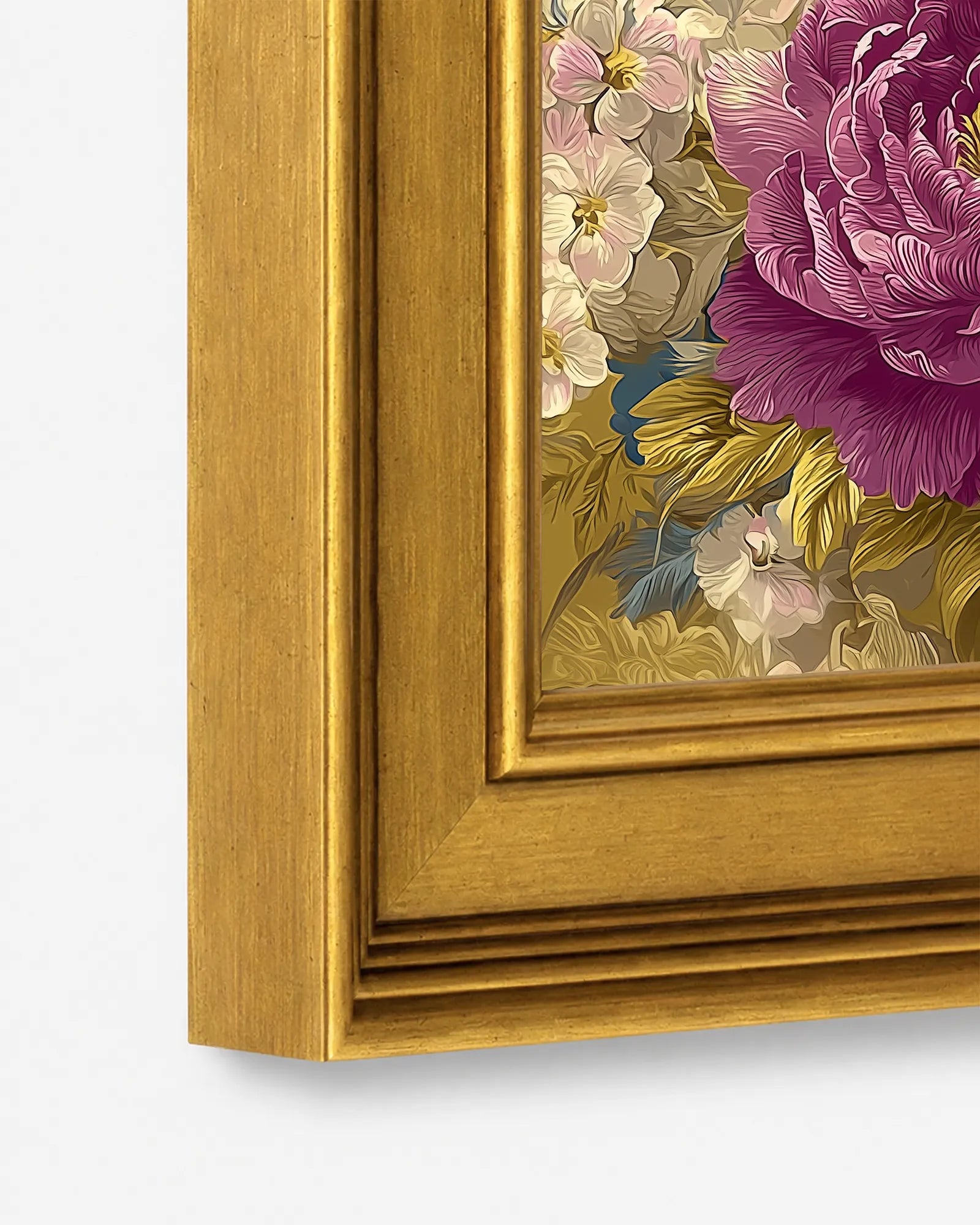 Close-up detail of the burnished antique gold wood frame used for Goat in Jewel Peonies framed wall art, showing the profile, finish, and craftsmanship.