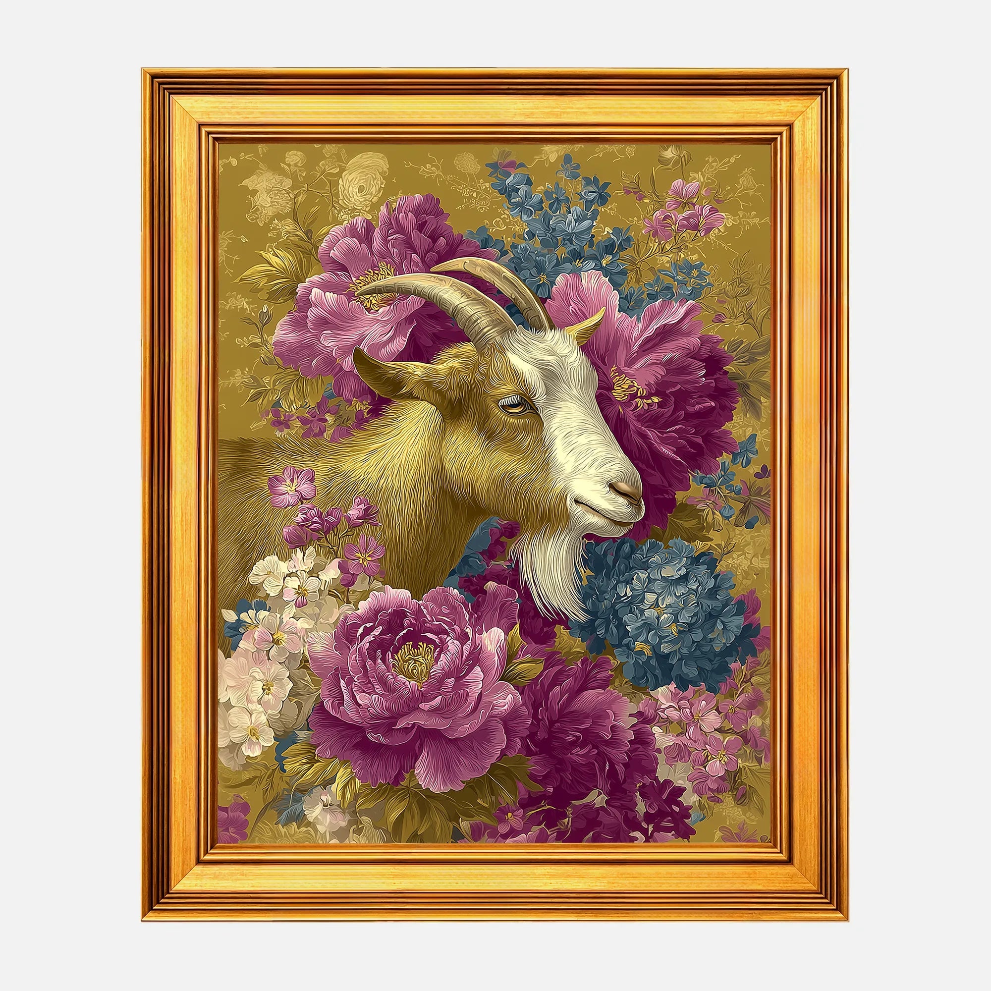 Goat in Jewel Peonies framed wall art in a burnished antique gold frame, 16 x 20 inch print size with 19.5 x 23.5 inch framed dimensions.