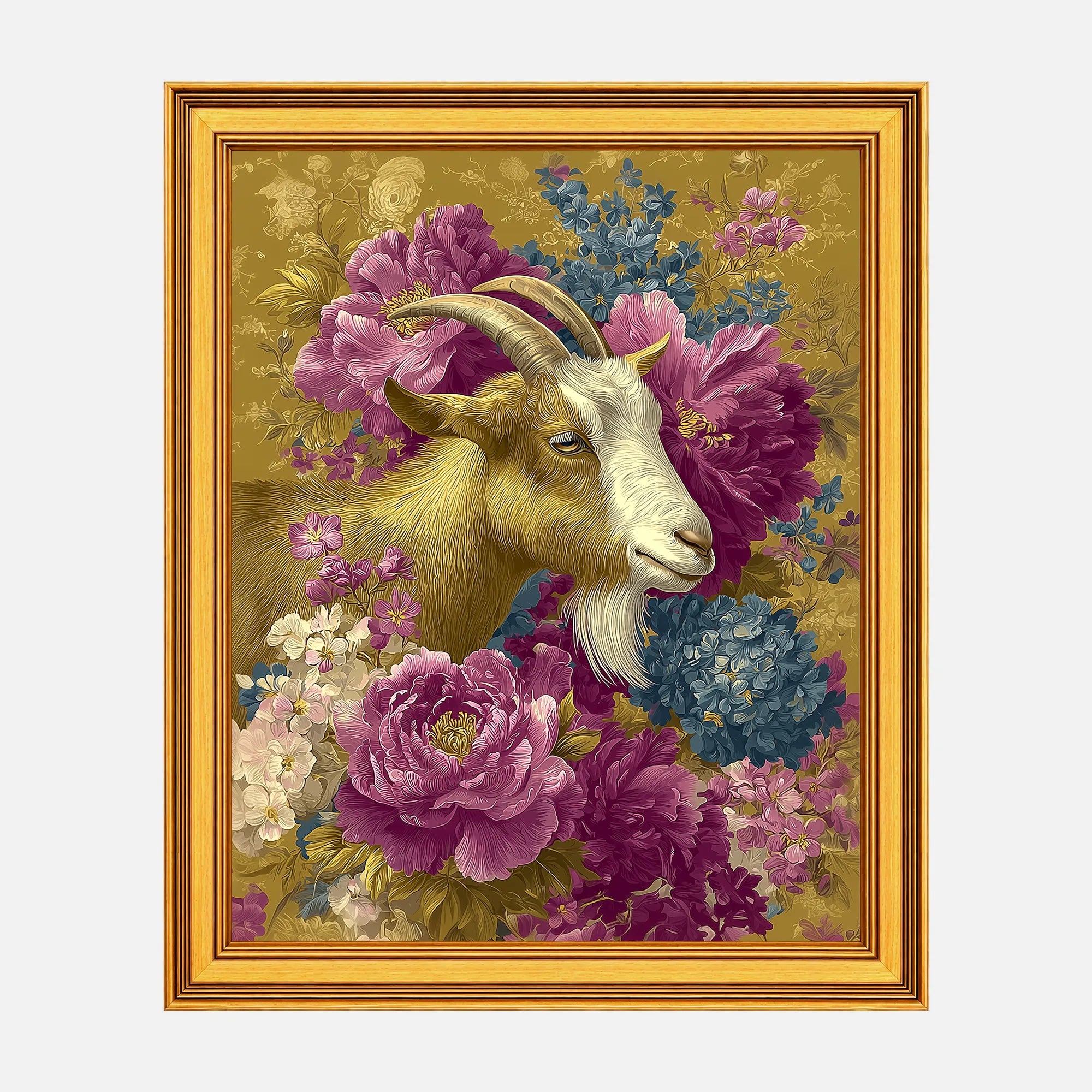 Goat in Jewel Peonies framed fine art print in a burnished antique gold frame, 20 x 25 inch print size with 23.5 x 28.5 inch framed dimensions.
