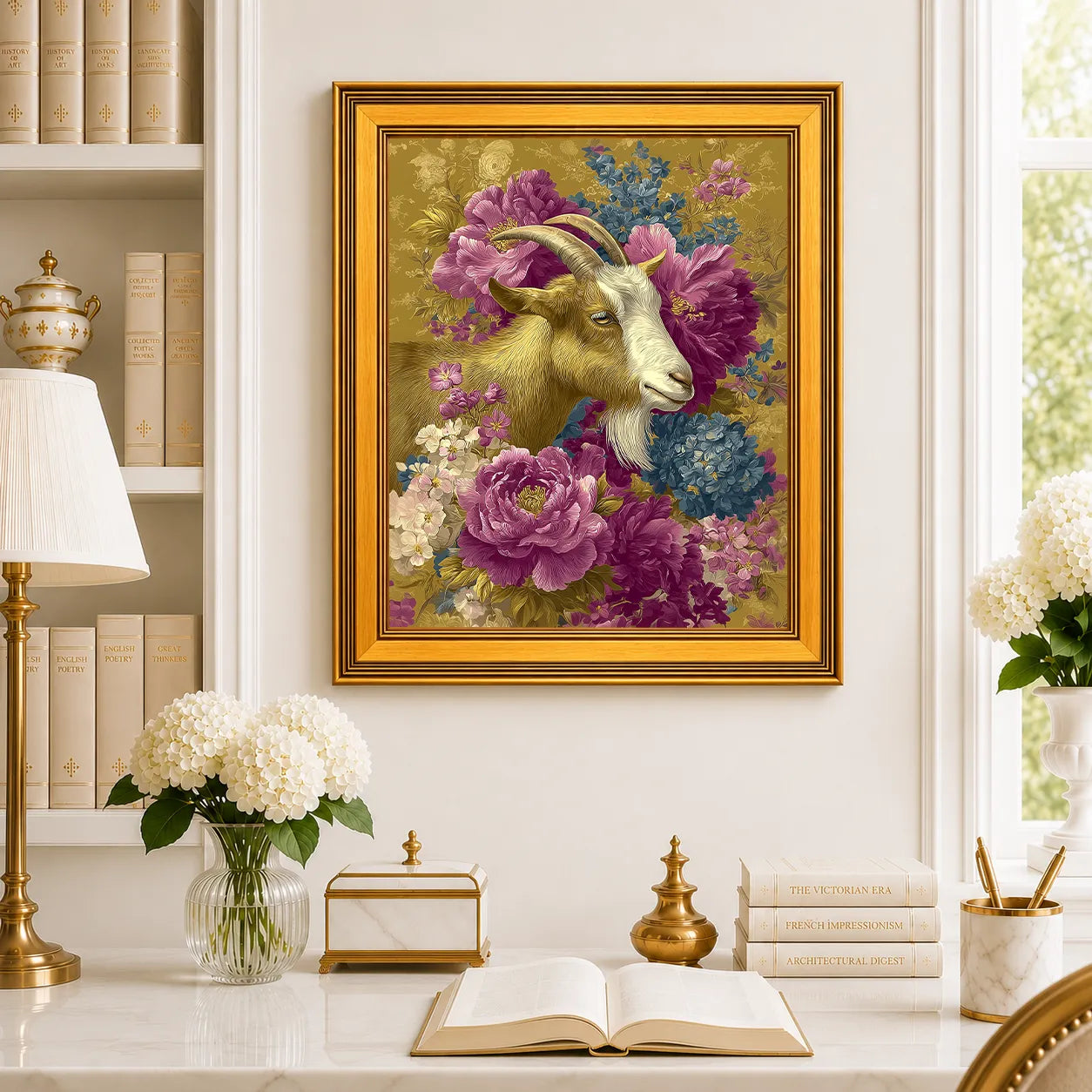Large Goat in Jewel Peonies framed wall art displayed in a traditional study with peonies, antique books, brass accents, and a burnished antique gold frame.