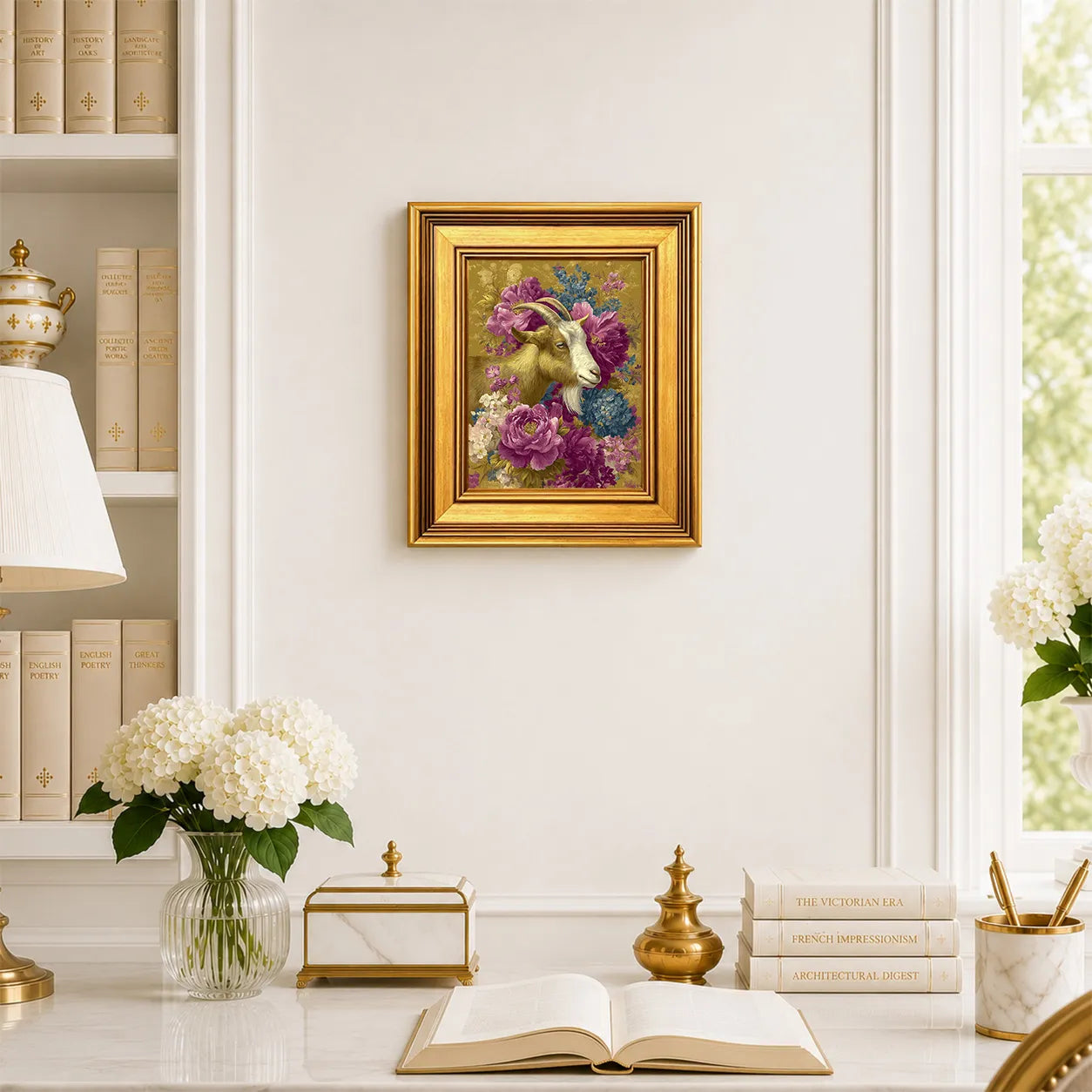 Small Goat in Jewel Peonies framed wall art displayed in an elegant traditional study with antique books, peonies, brass accents, and a burnished antique gold frame.