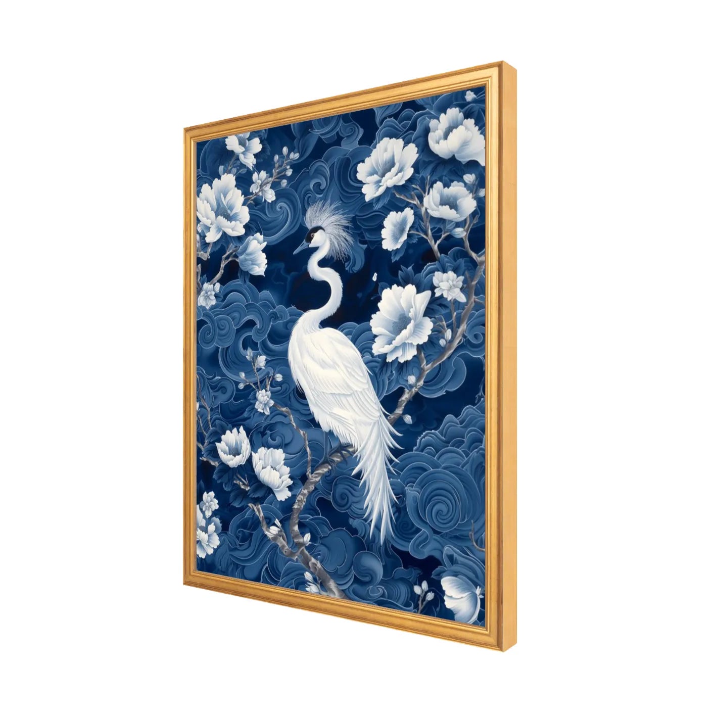 Framed 16" x 20" full bleed artwork with a white bird and floral design on a blue background, side view