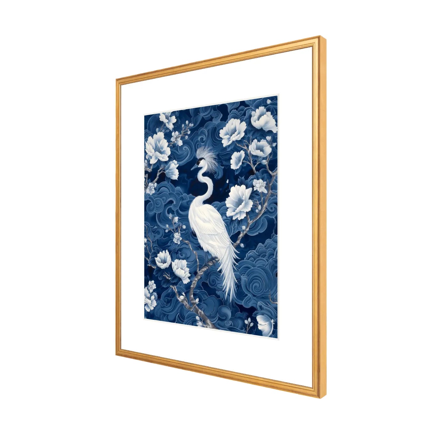 Framed 16" x 20" matted artwork with a white crane and floral design on a blue background, side view