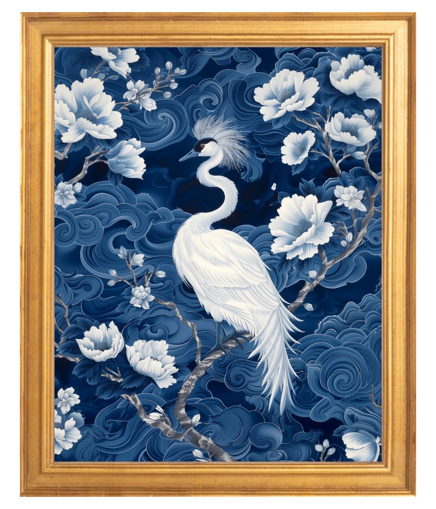 Decorative 8" x 10" painting of a white crane and floral branches on a blue background, framed in gold, front view.