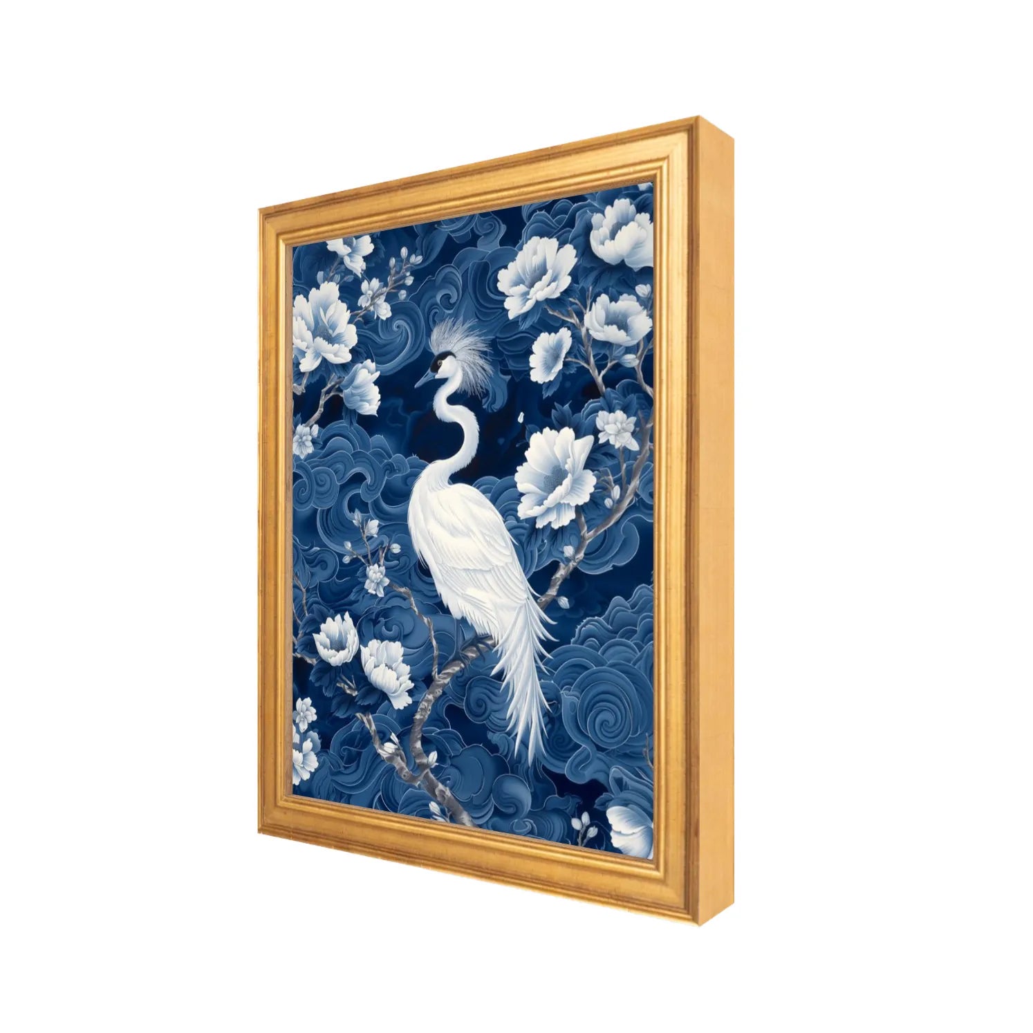 Framed 8" x 10" full bleed artwork with a white crane and floral design on a blue background, side view