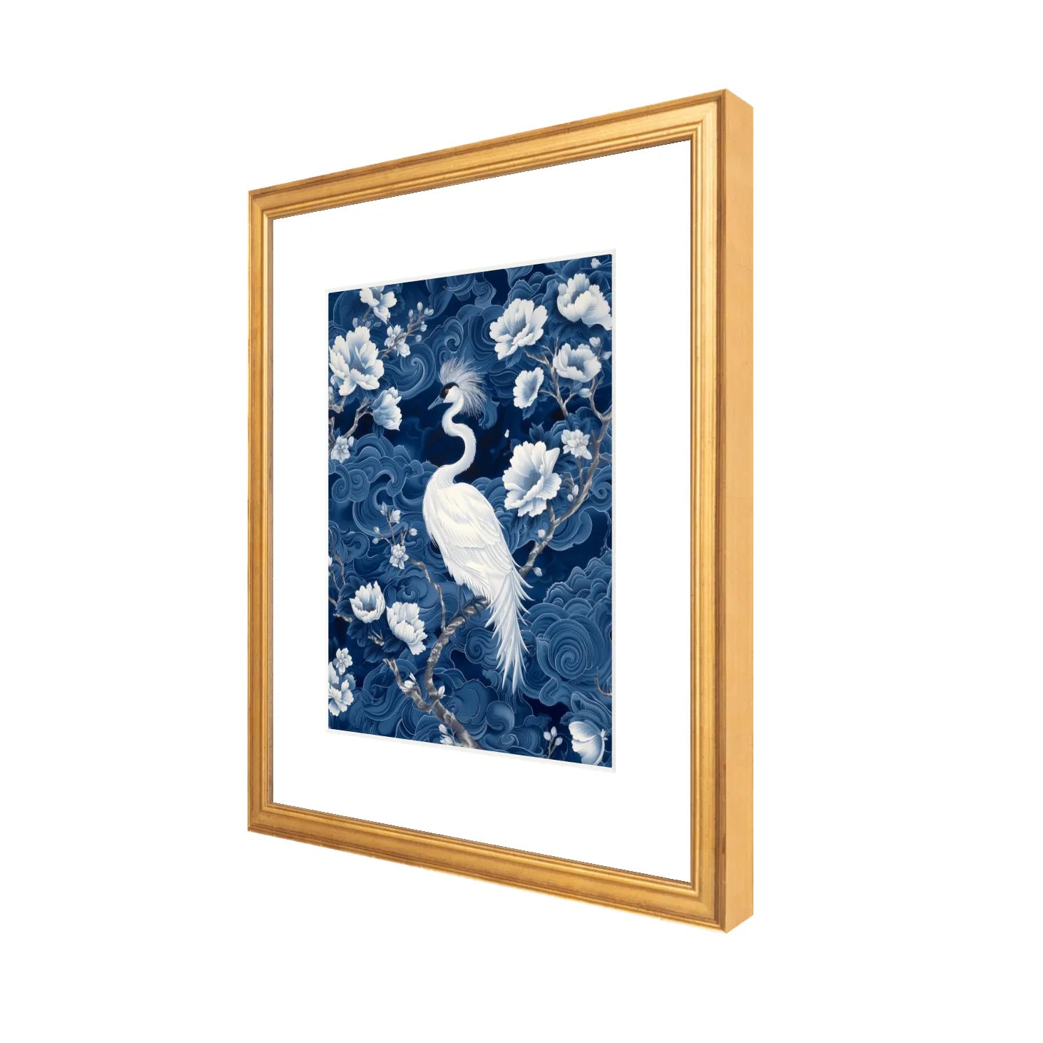 Framed 8" x 10" matted artwork with a white crane and floral design on a blue background, side view