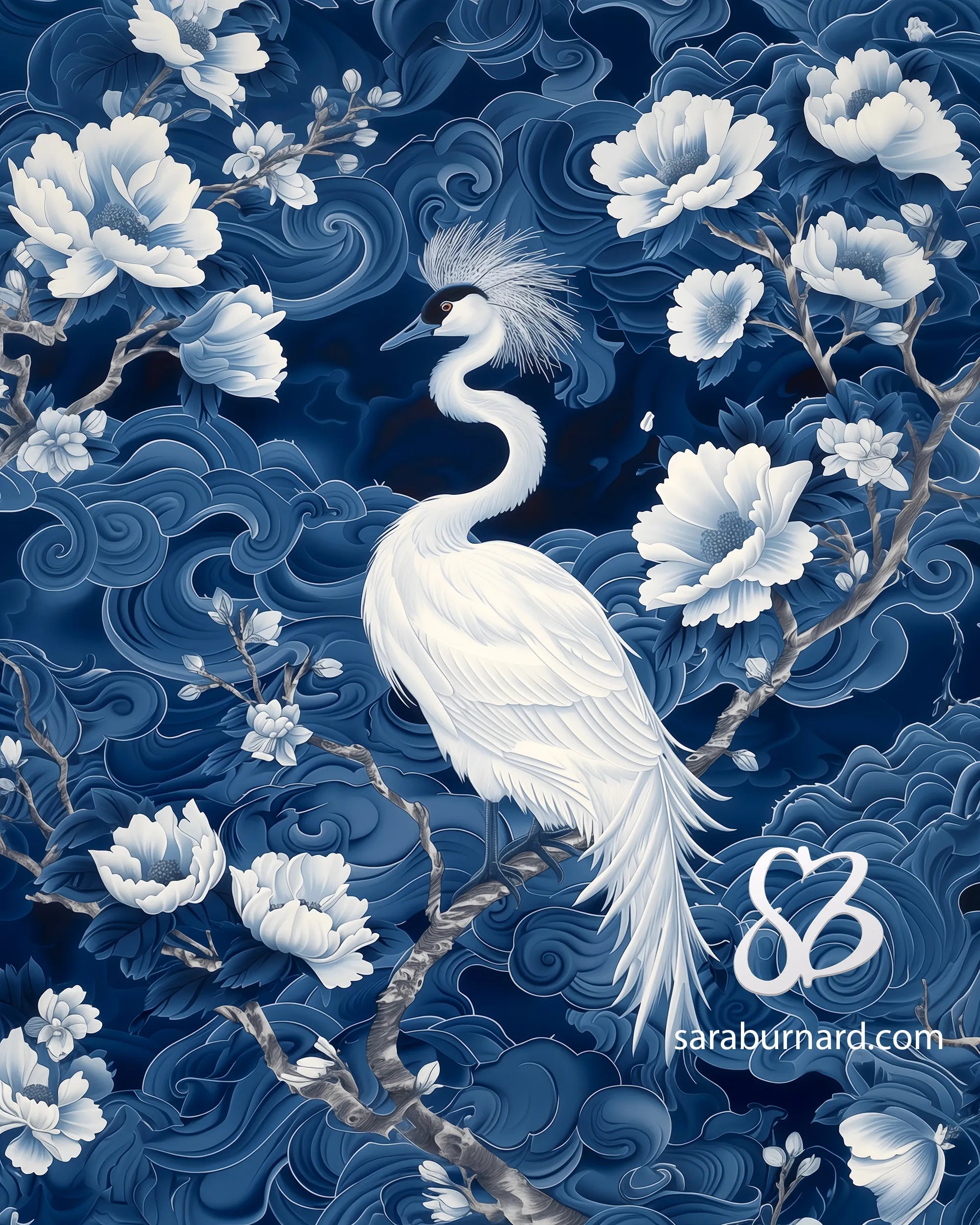 White crane among white flowers on a blue wave background with 'saraburnard.com' logo.
