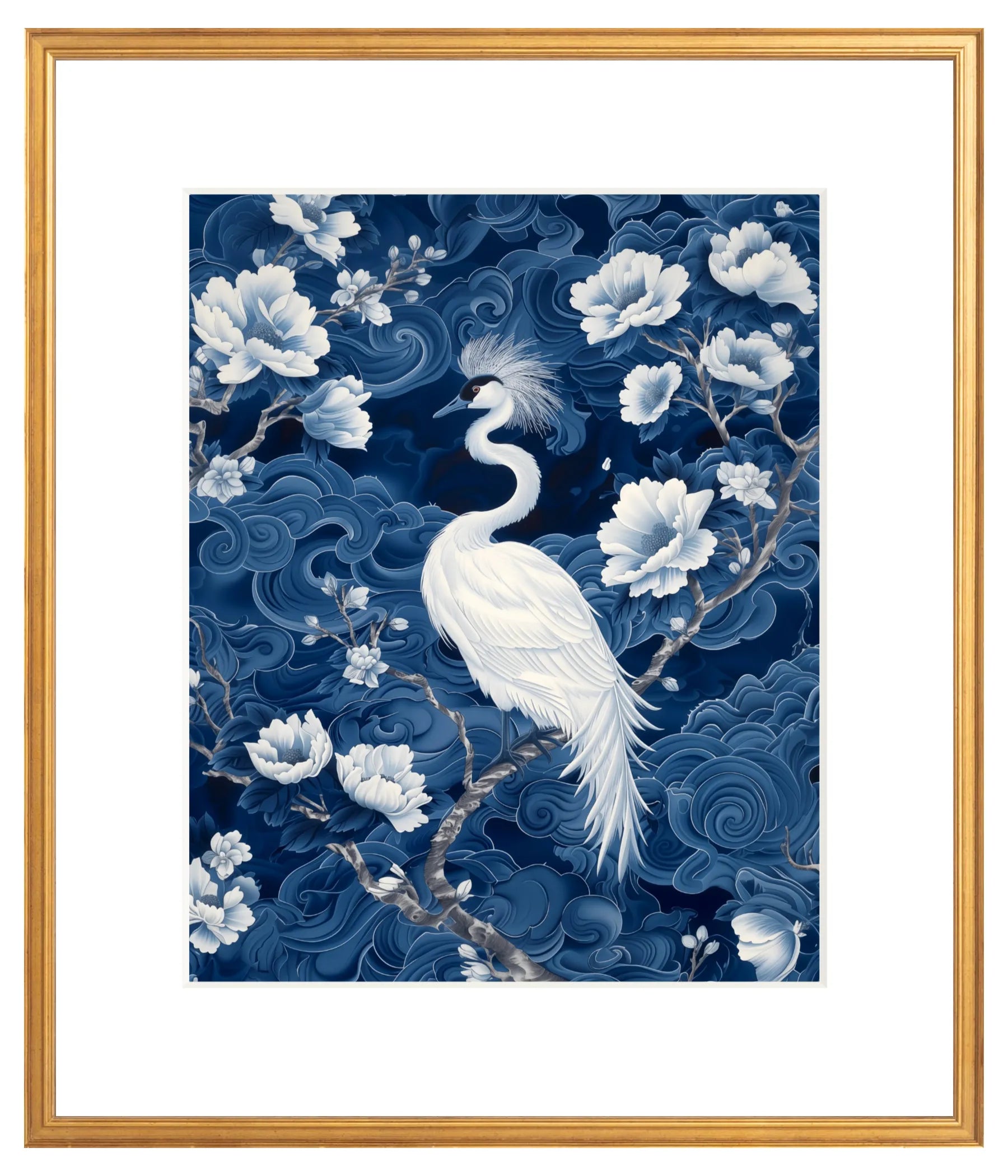 Decorative artwork with a white crane and floral elements on a blue background, framed in gold.