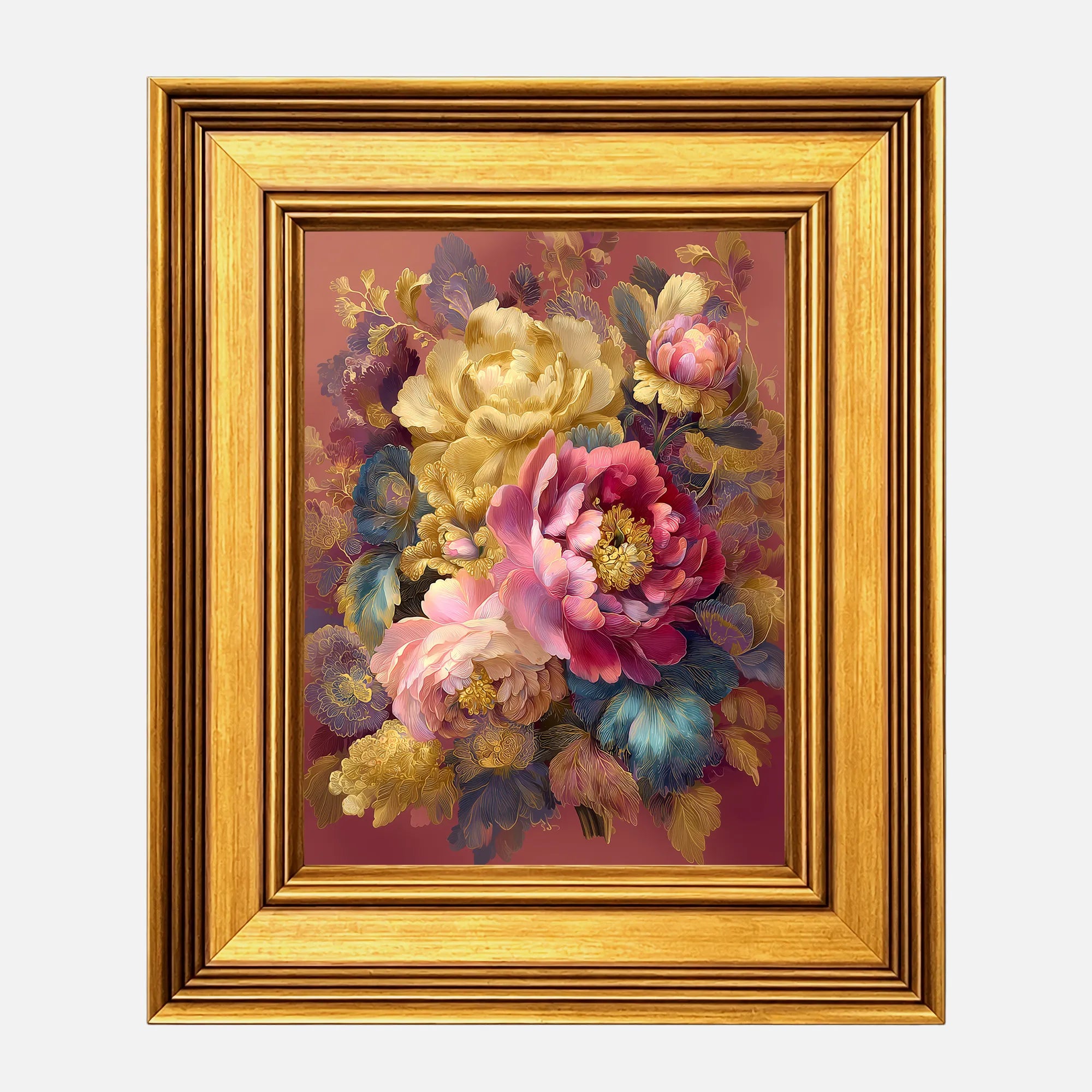 Golden Peony Bouquet framed wall art in a burnished antique gold frame, 8 x 10 inch print size with 11.5 x 13.5 inch framed dimensions.