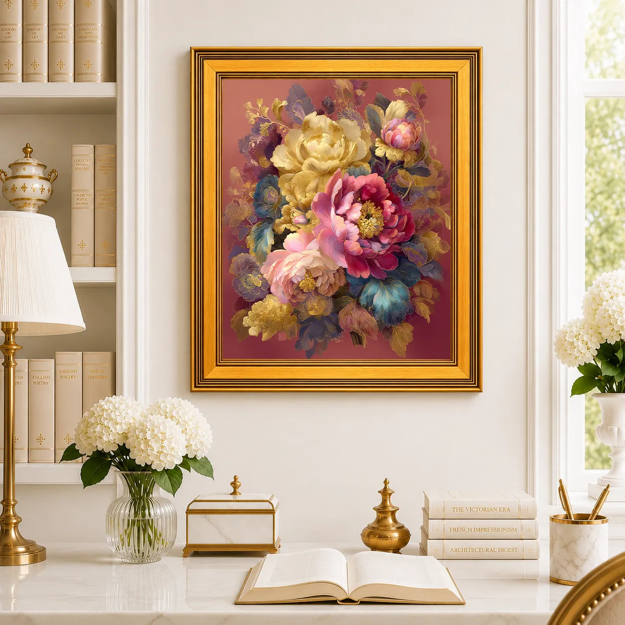 Large Golden Peony Bouquet framed wall art displayed in a traditional study with peonies, antique books, brass accents, and a burnished antique gold frame.