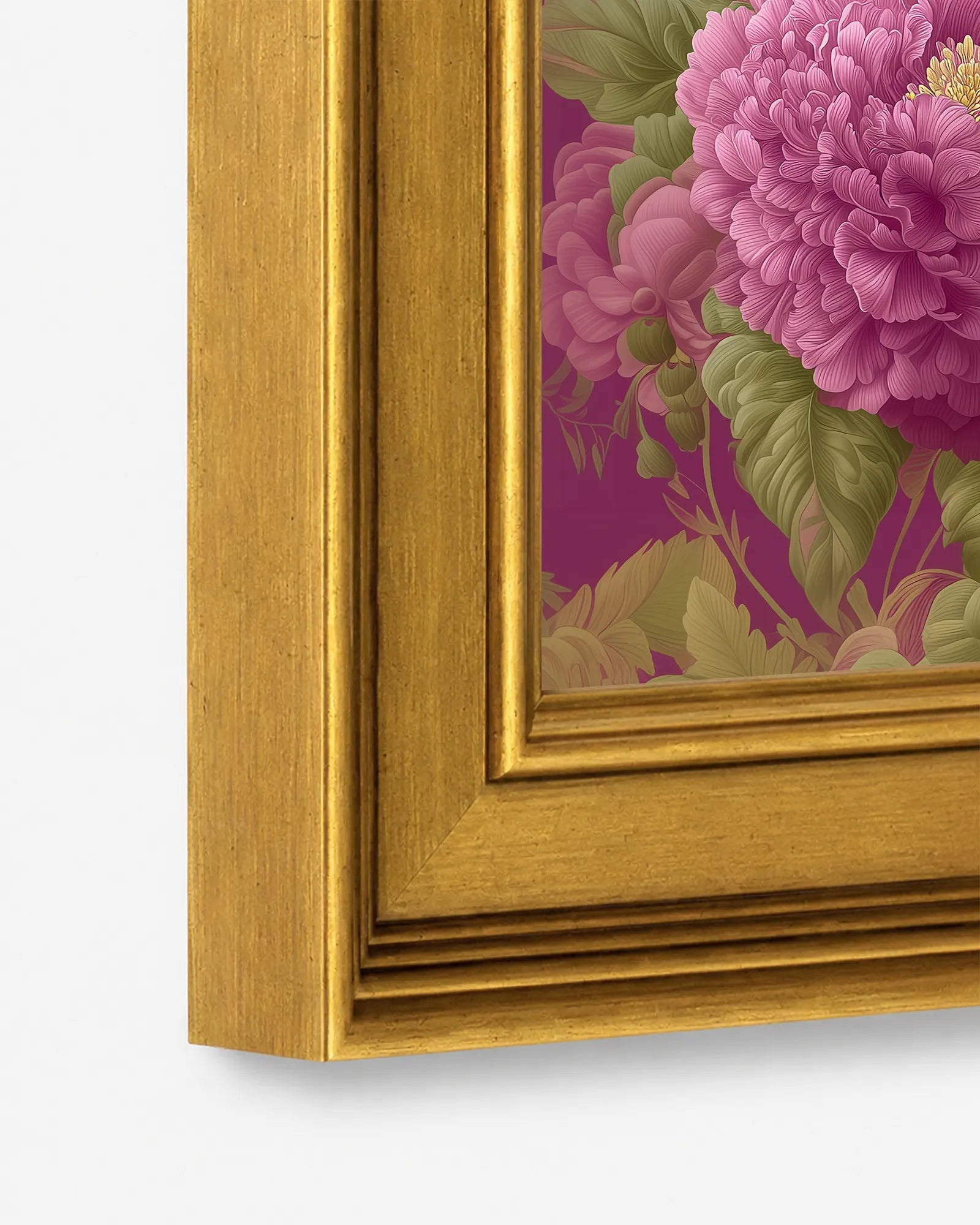 Close-up detail of the burnished antique gold wood frame used for Goshawk in Plum Peonies framed bird wall art, showing the profile, finish, and craftsmanship.