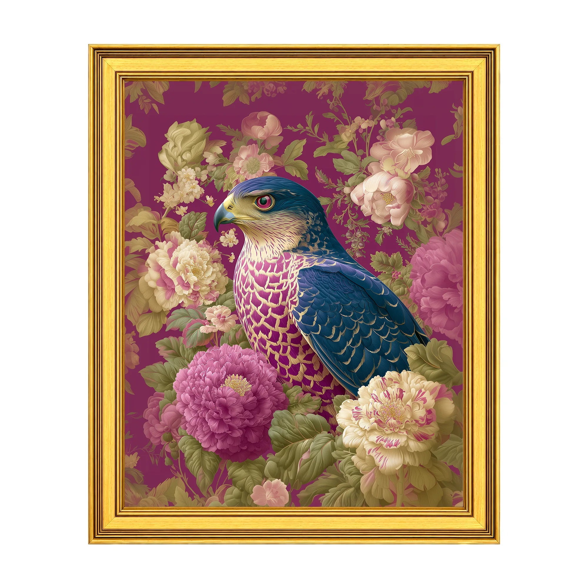 Goshawk in Plum Peonies framed bird wall art in a burnished antique gold frame, 20 x 25 inch print size with 23.5 x 28.5 inch framed dimensions.