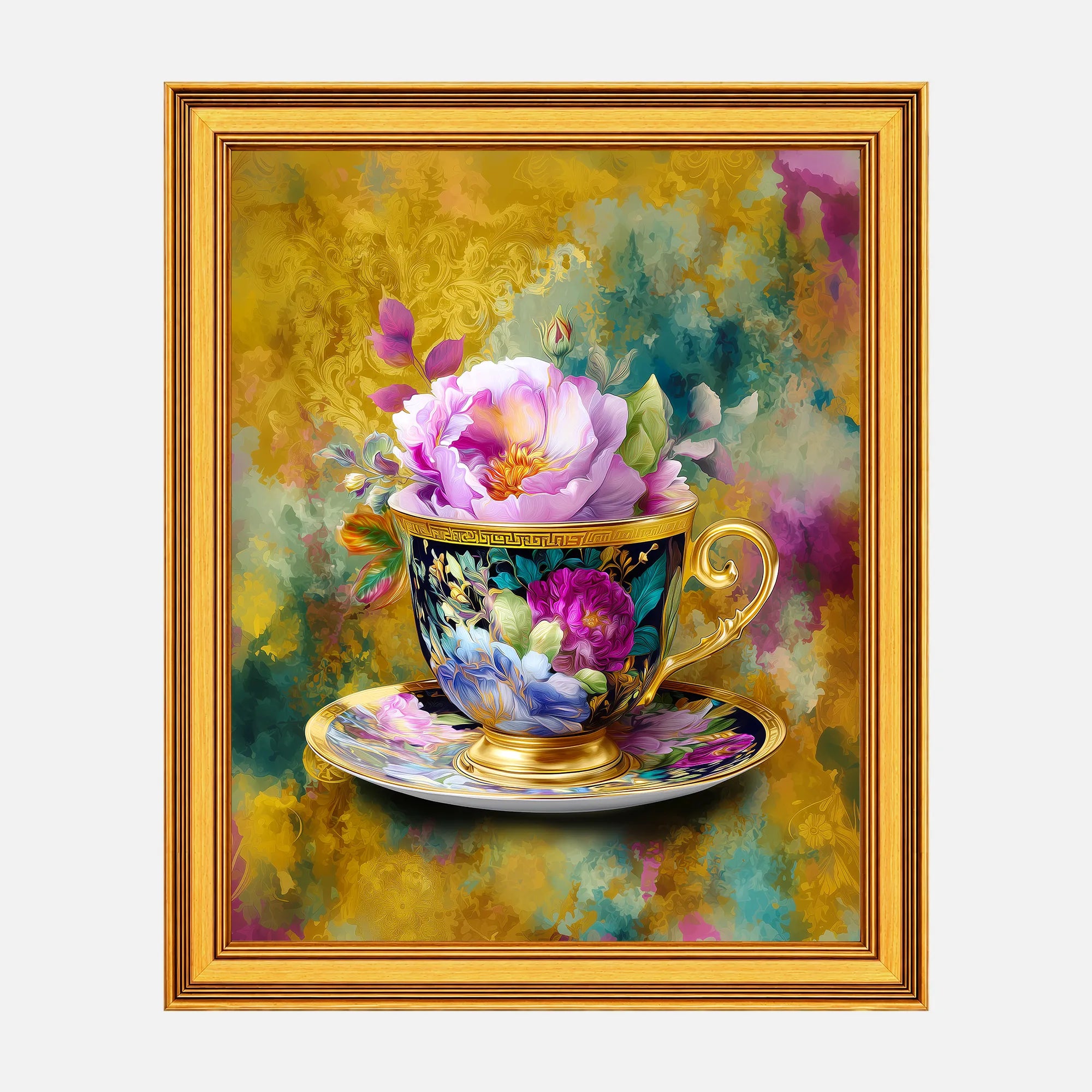 Grandmillennial Teacup in Jewel Reverie framed fine art print in a burnished antique gold frame, 20 x 25 inch print size with 23.5 x 28.5 inch framed dimensions.