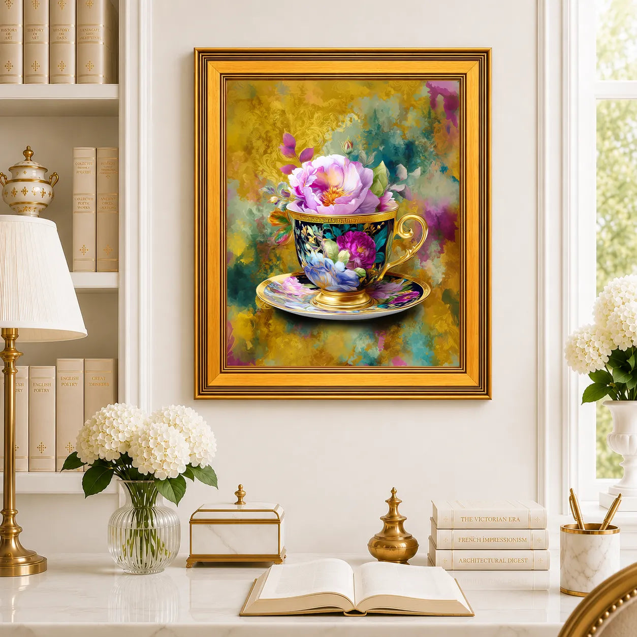 Large Grandmillennial Teacup in Jewel Reverie framed wall art displayed in a traditional study with peonies, antique books, brass accents, and a burnished antique gold frame.