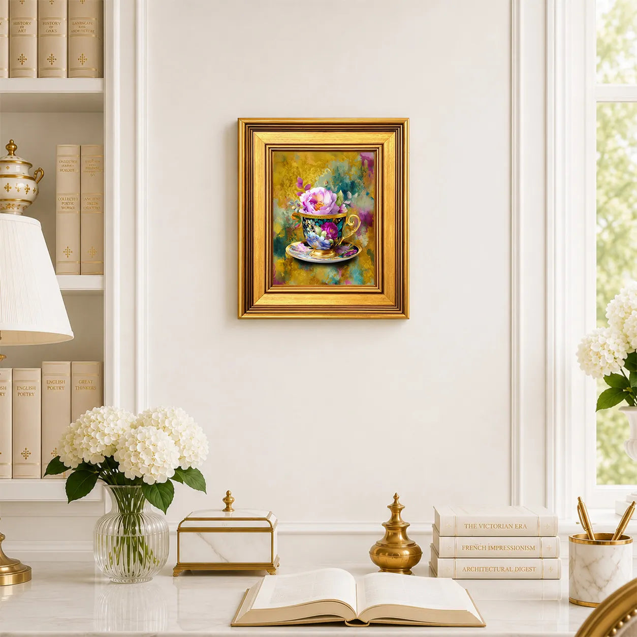 Small Grandmillennial Teacup in Jewel Reverie framed wall art displayed in an elegant traditional study with antique books, peonies, brass accents, and a burnished antique gold frame.