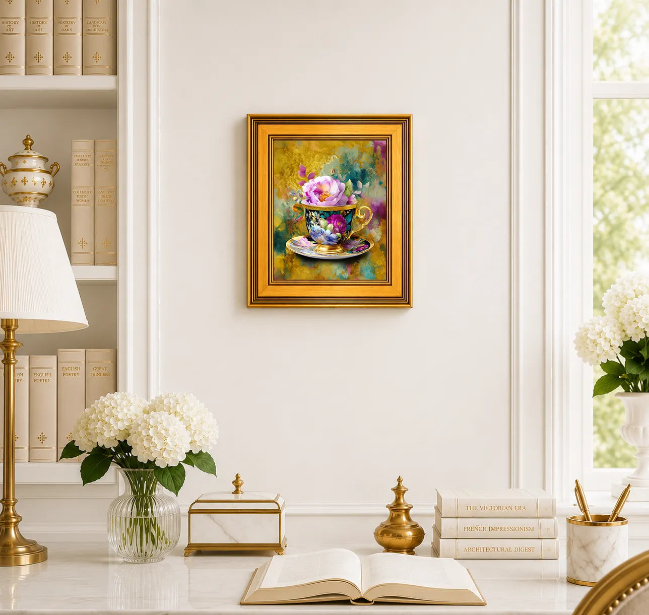 Small Grandmillennial Teacup in Jewel Reverie framed wall art displayed in an elegant traditional study with antique books, peonies, brass accents, and a burnished antique gold frame.