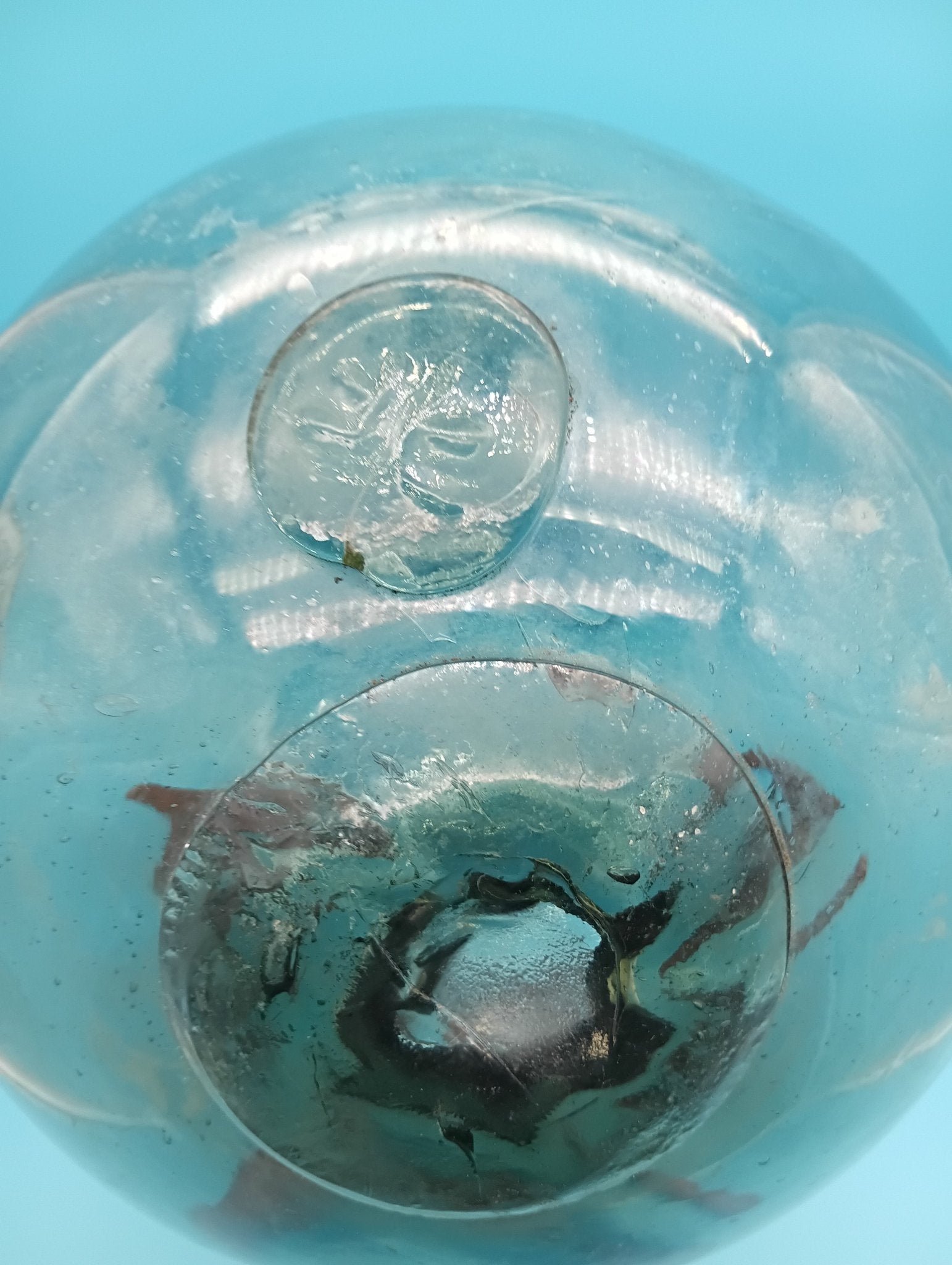 Close up of a rare 10.5" original Japanese turquoise hand-blown glass fishing float sphere with wooden stand on a white background
