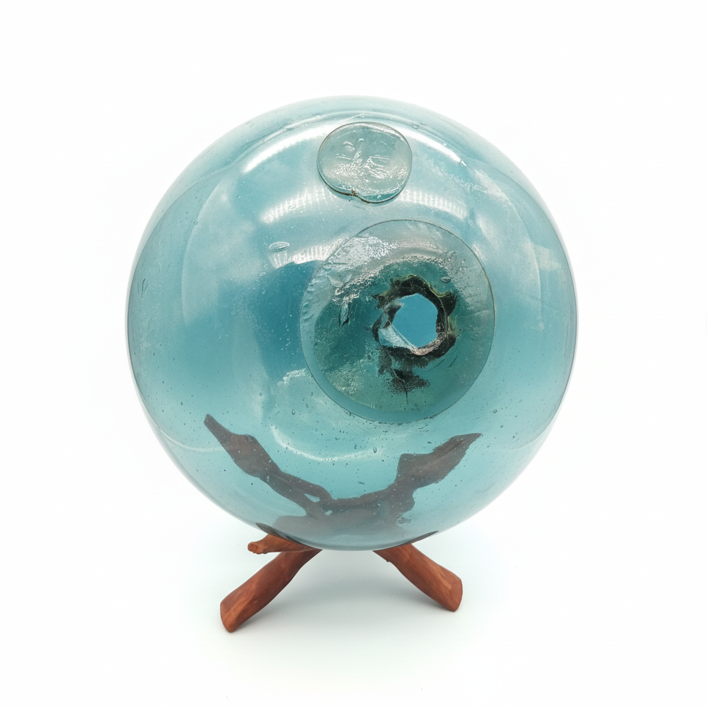 Rare original Japanese turquoise hand-blown glass fishing float sphere with wooden stand on a white background