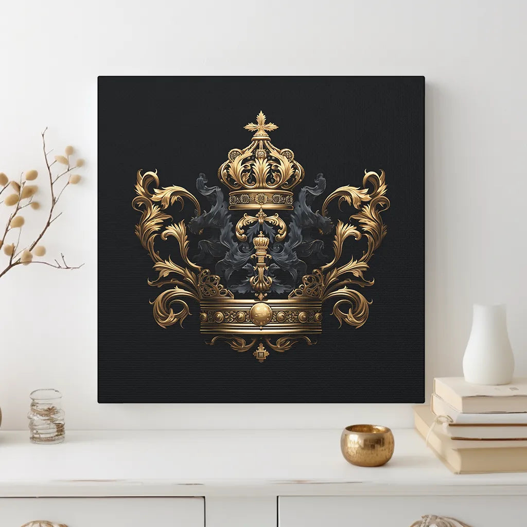 Imperial gold crown emblem canvas displayed above a dresser, showcasing black and gold baroque artwork in an elegant interior setting.