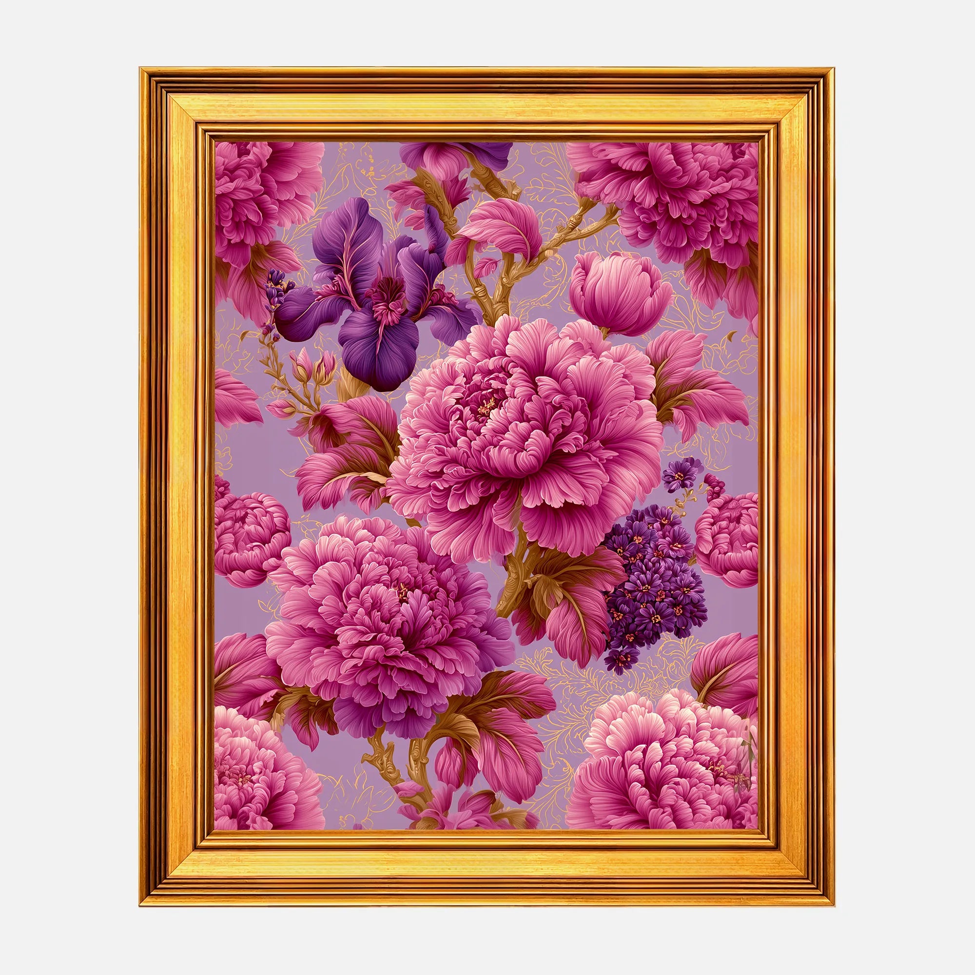 Imperial Iris in Pink Peonies framed wall art in a burnished antique gold frame, 16 x 20 inch print size with 19.5 x 23.5 inch framed dimensions.