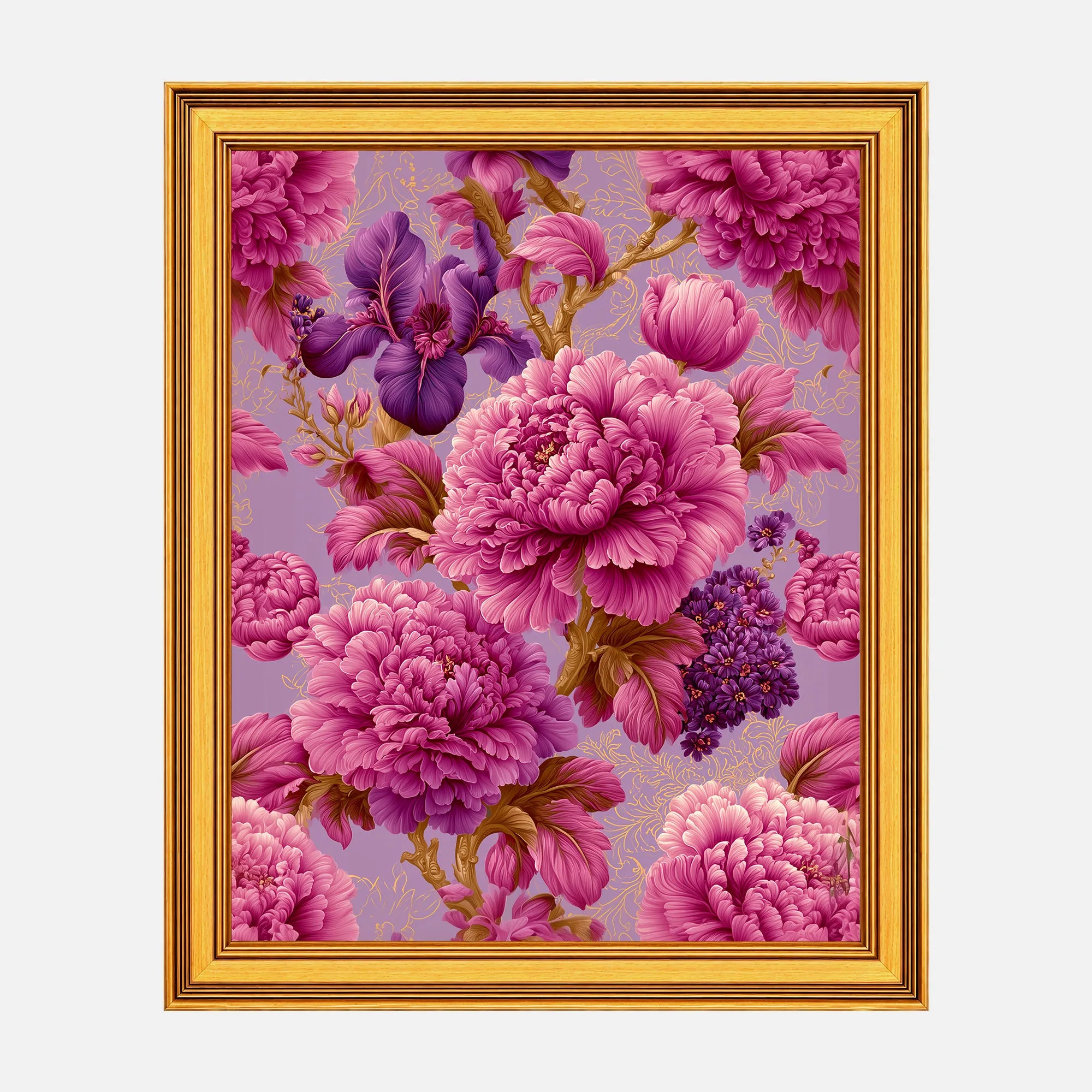 Imperial Iris in Pink Peonies framed fine art print in a burnished antique gold frame, 20 x 25 inch print size with 23.5 x 28.5 inch framed dimensions.