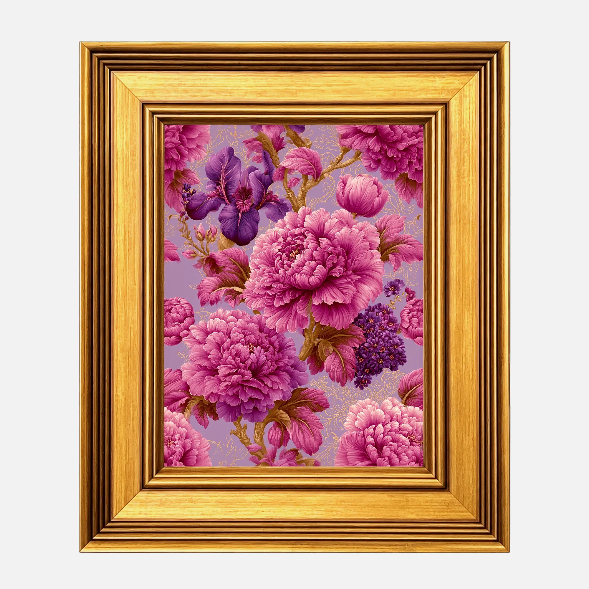 Imperial Iris in Pink Peonies framed wall art in a burnished antique gold frame, 8 x 10 inch print size with 11.5 x 13.5 inch framed dimensions.
