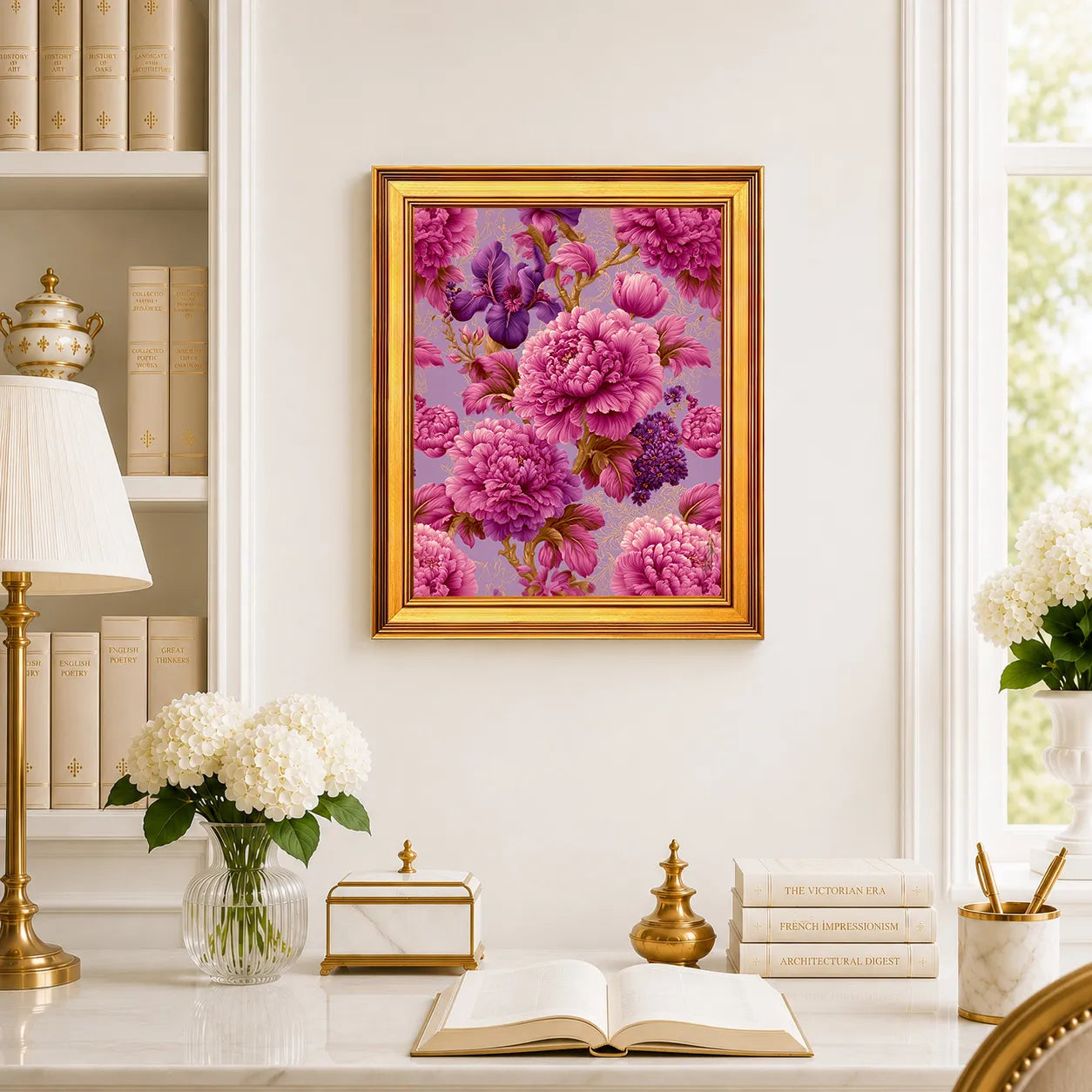 Imperial Iris in Pink Peonies framed wall art displayed above a traditional desk with peonies, books, brass decor, and a burnished antique gold frame.