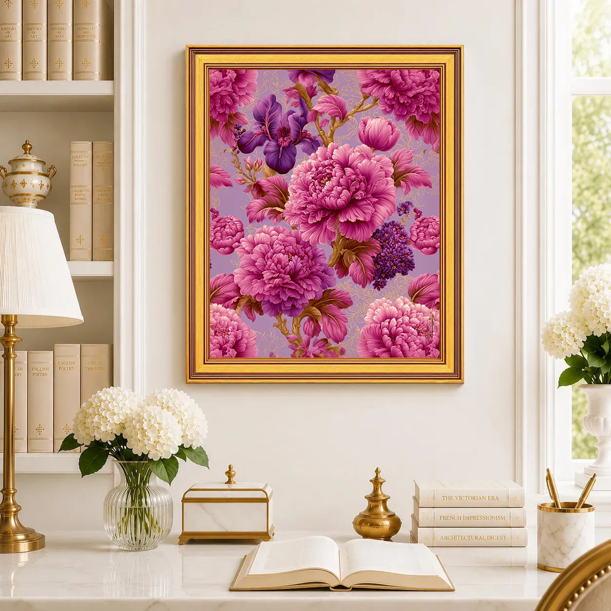 Large Imperial Iris in Pink Peonies framed wall art displayed in a traditional study with peonies, antique books, brass accents, and a burnished antique gold frame.